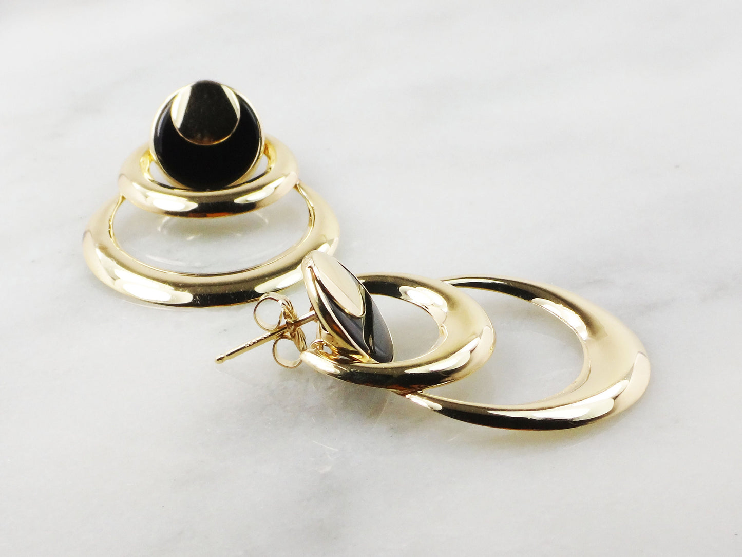 Vintage 14k Yellow Gold & Onyx Dangle Earrings - Circle Design - 1980s Fine Jewelry