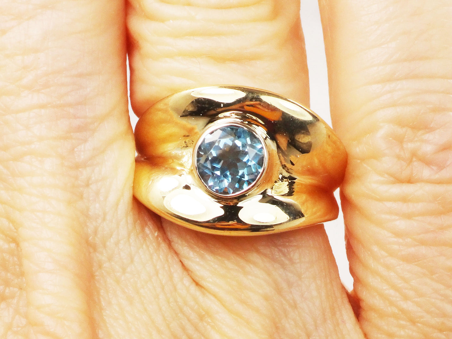 Vintage 14k Yellow Gold Blue Topaz Ring: December Birthstone Cigar Band