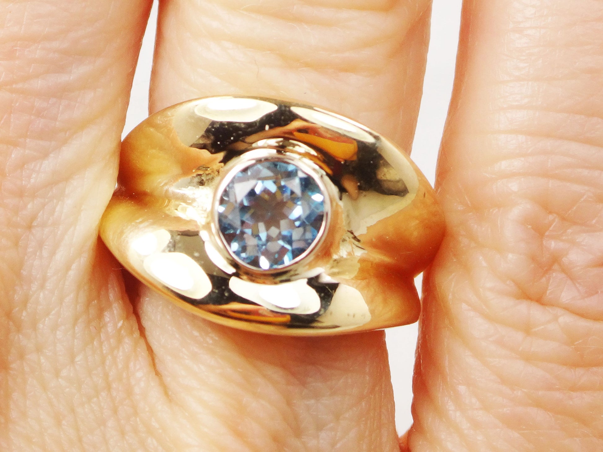 Vintage 14k Yellow Gold Blue Topaz Ring: December Birthstone Cigar Band
