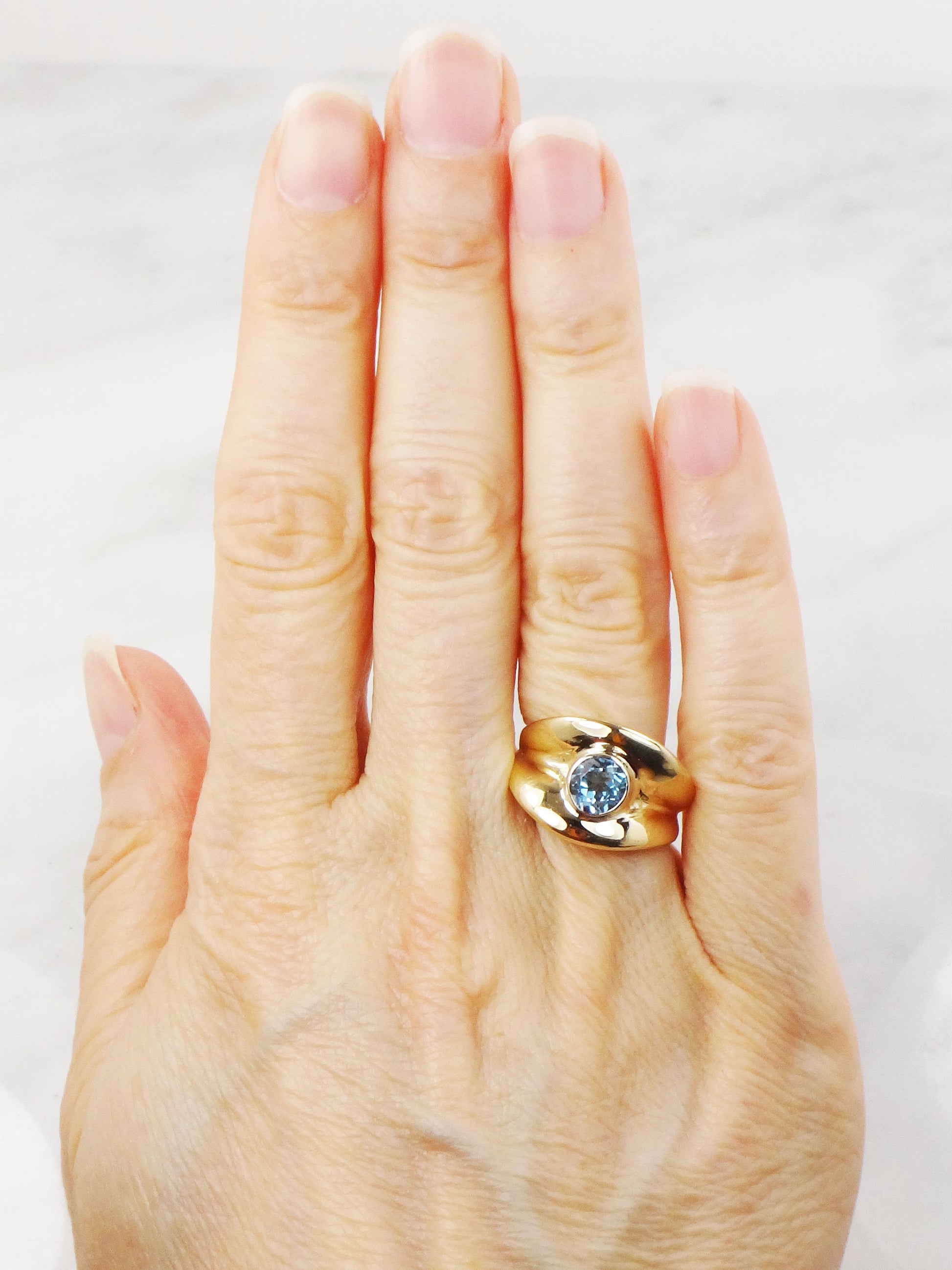 Vintage 14k Yellow Gold Blue Topaz Ring: December Birthstone Cigar Band