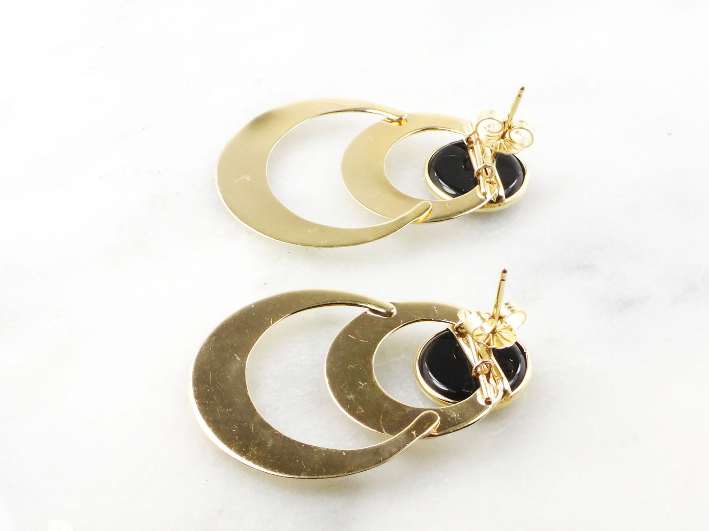 Vintage 14k Yellow Gold & Onyx Dangle Earrings - Circle Design - 1980s Fine Jewelry