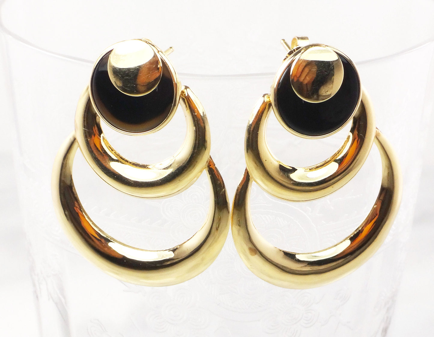 Vintage 14k Yellow Gold & Onyx Dangle Earrings - Circle Design - 1980s Fine Jewelry