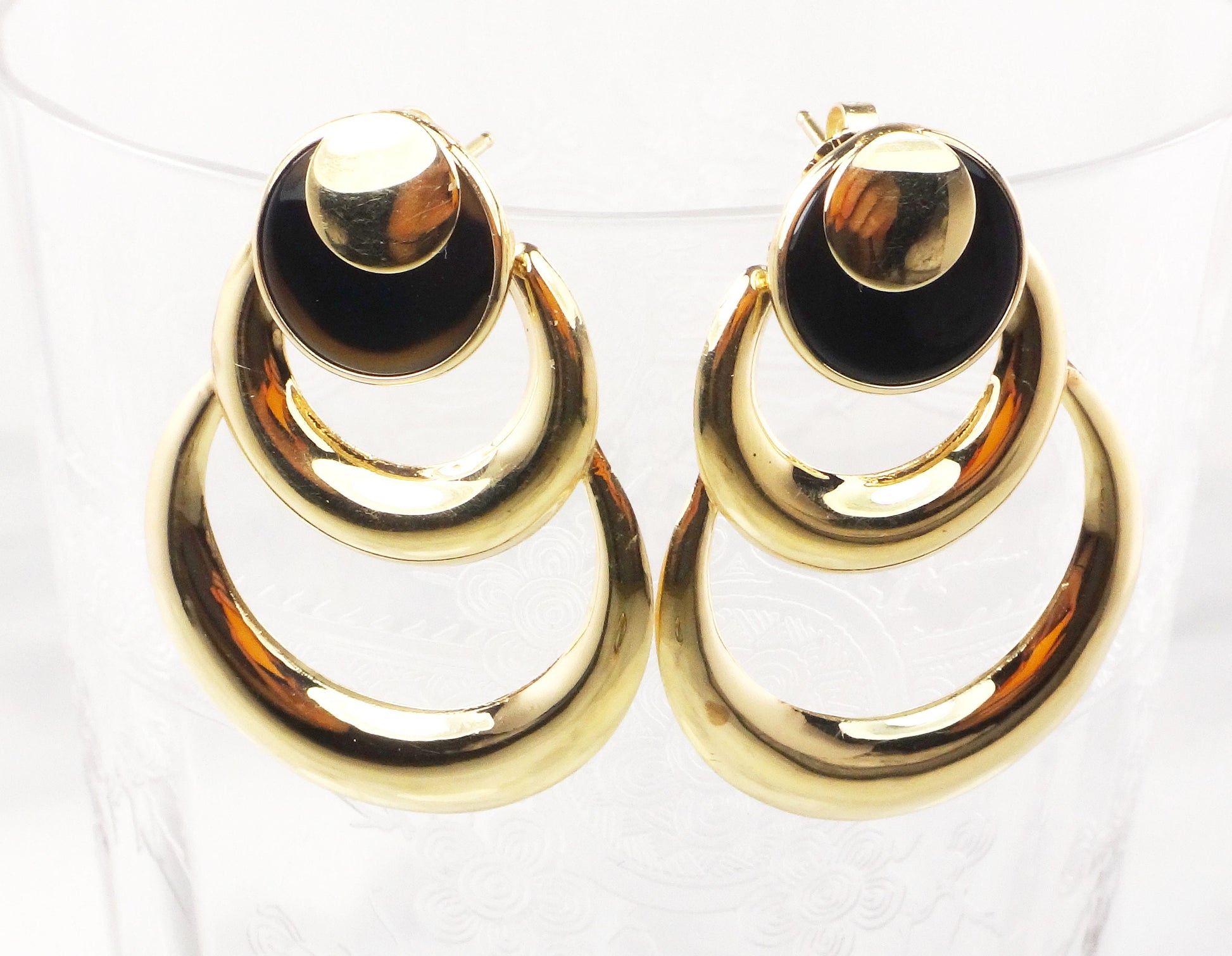 Vintage 14k Yellow Gold & Onyx Dangle Earrings - Circle Design - 1980s Fine Jewelry