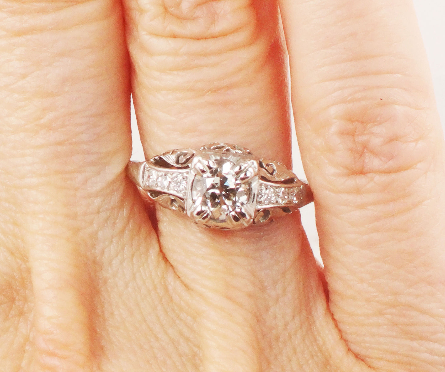 Art Deco Old European Cut Natural Diamond Engagement Ring Approx. .55 Carats - Antique 14k White Gold Diamond Ring