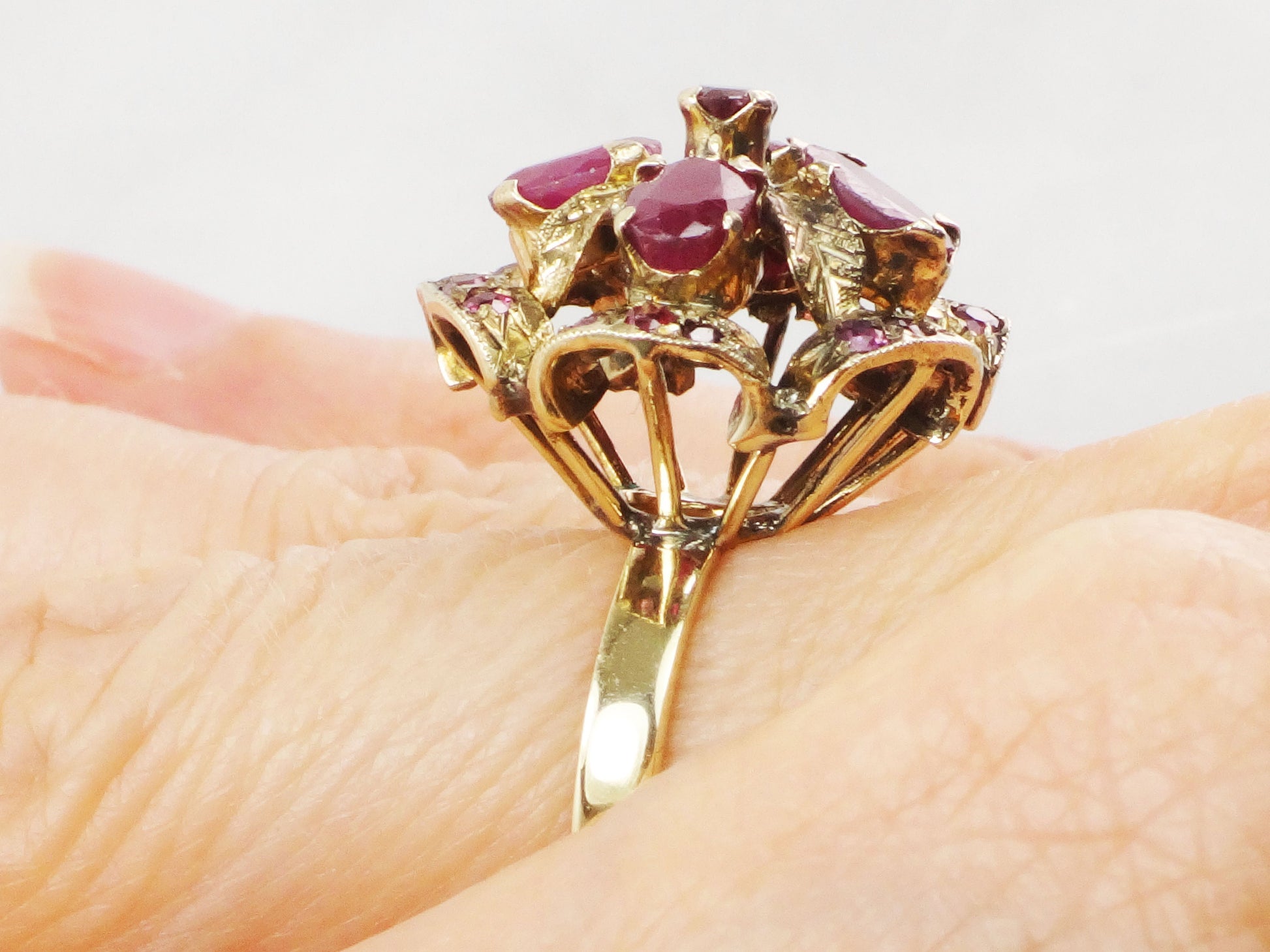 Vintage 14k Yellow Gold Ruby Ring: Floral, Red Spinel Accent Ring