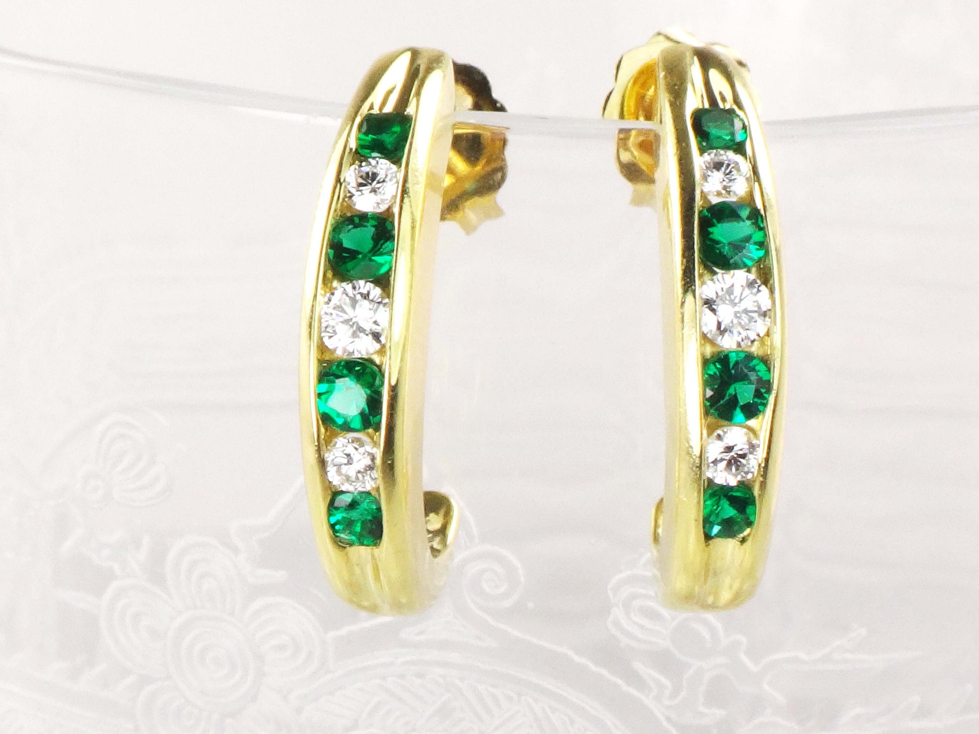 Vintage 18k Gold Diamond & Emerald Green Glass Half Hoop Earrings