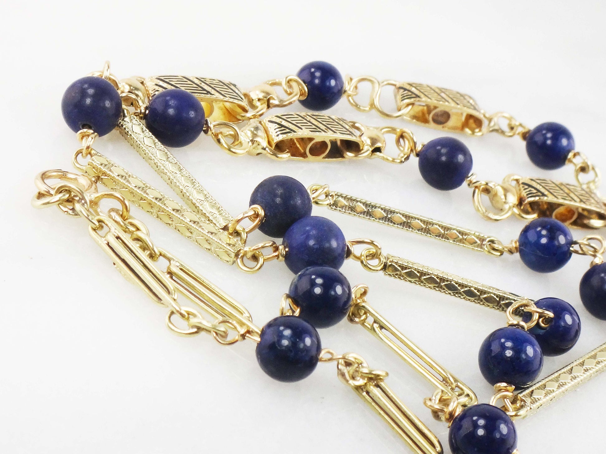 Vintage 14k Yellow Gold Lapis Lazuli Station Necklace - 26.75"