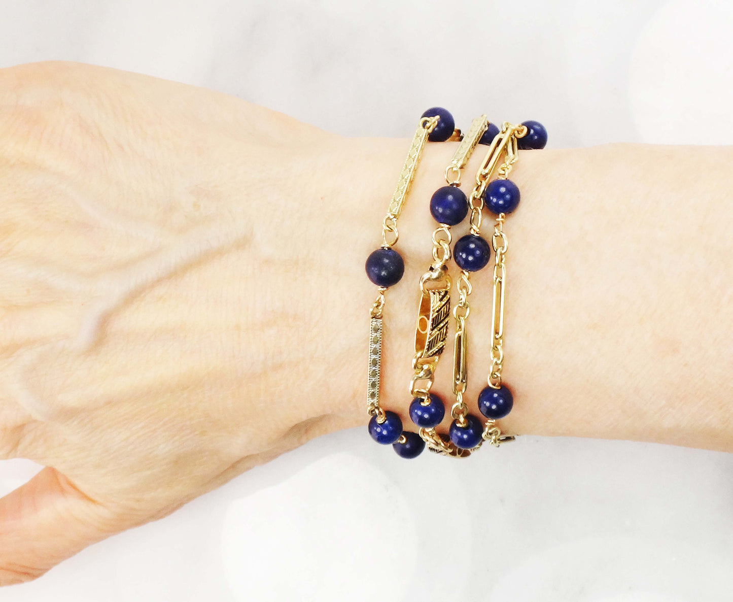 Vintage 14k Yellow Gold Lapis Lazuli Station Necklace - 26.75"