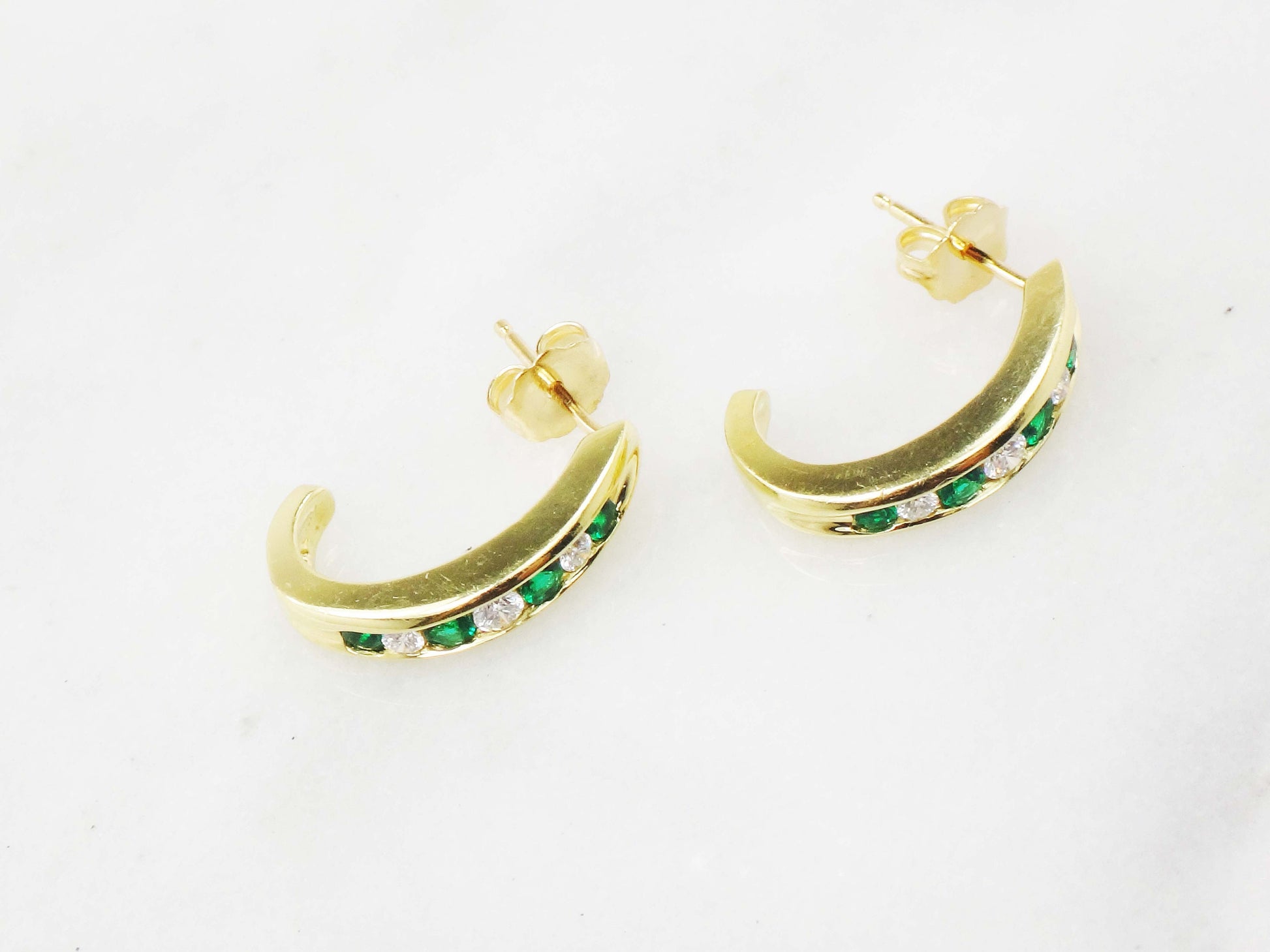 Vintage 18k Gold Diamond & Emerald Green Glass Half Hoop Earrings