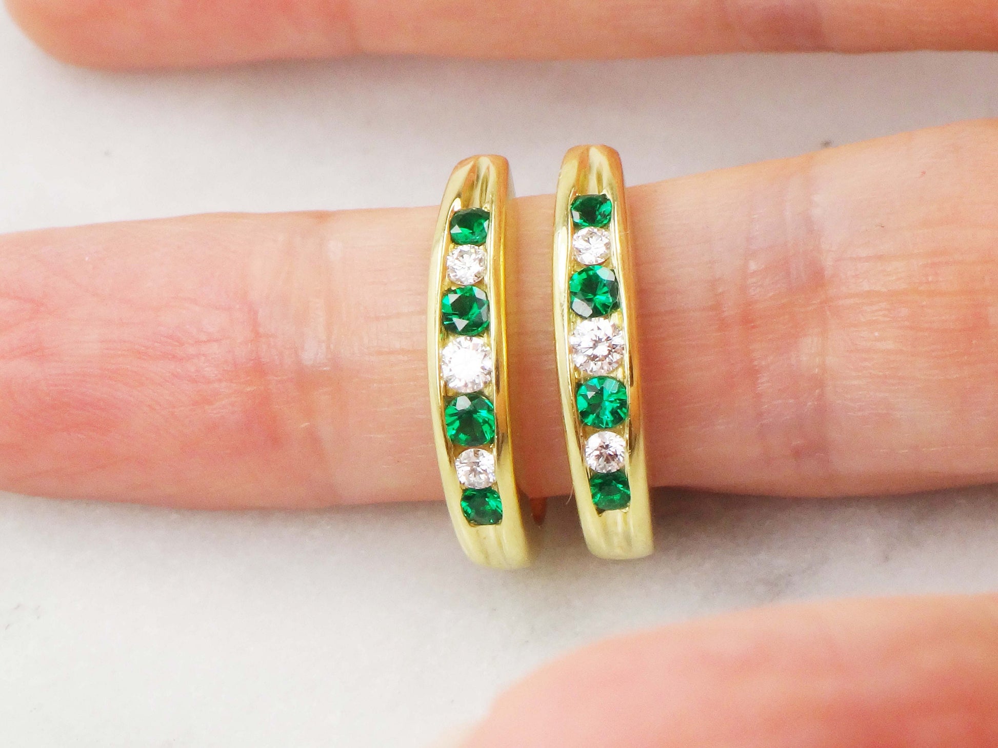 Vintage 18k Gold Diamond & Emerald Green Glass Half Hoop Earrings