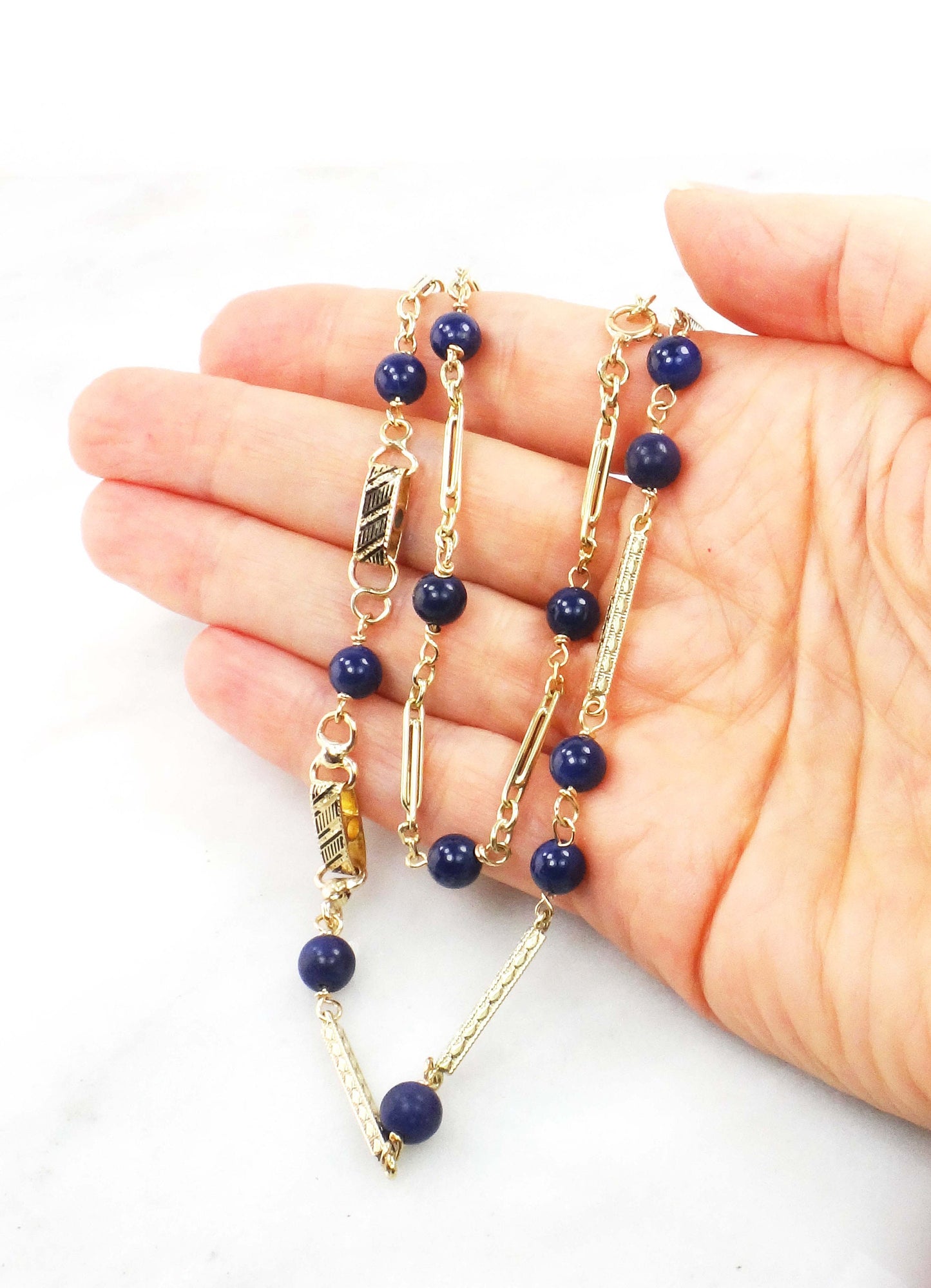 Vintage 14k Yellow Gold Lapis Lazuli Station Necklace - 26.75"