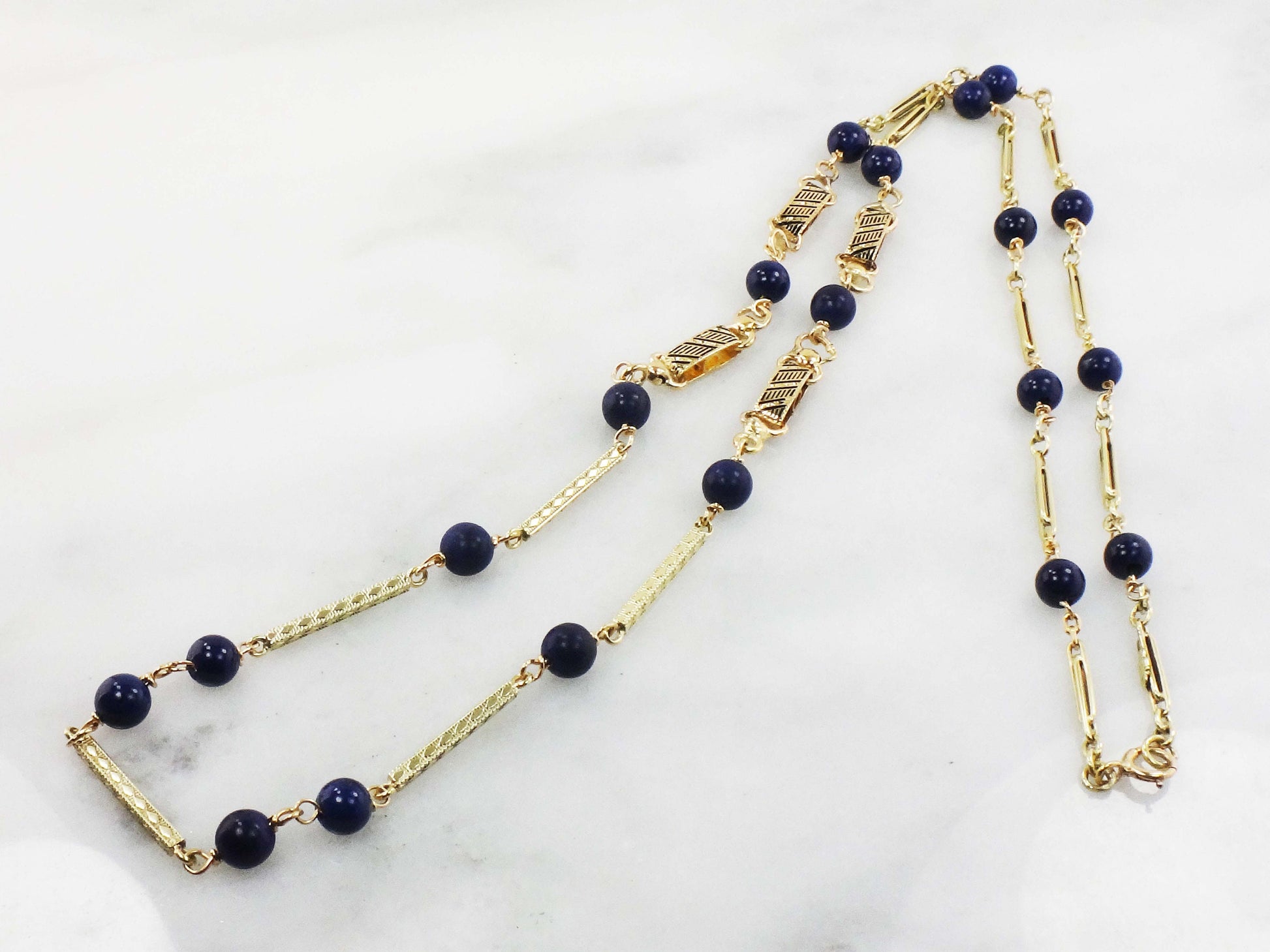 Vintage 14k Yellow Gold Lapis Lazuli Station Necklace - 26.75"