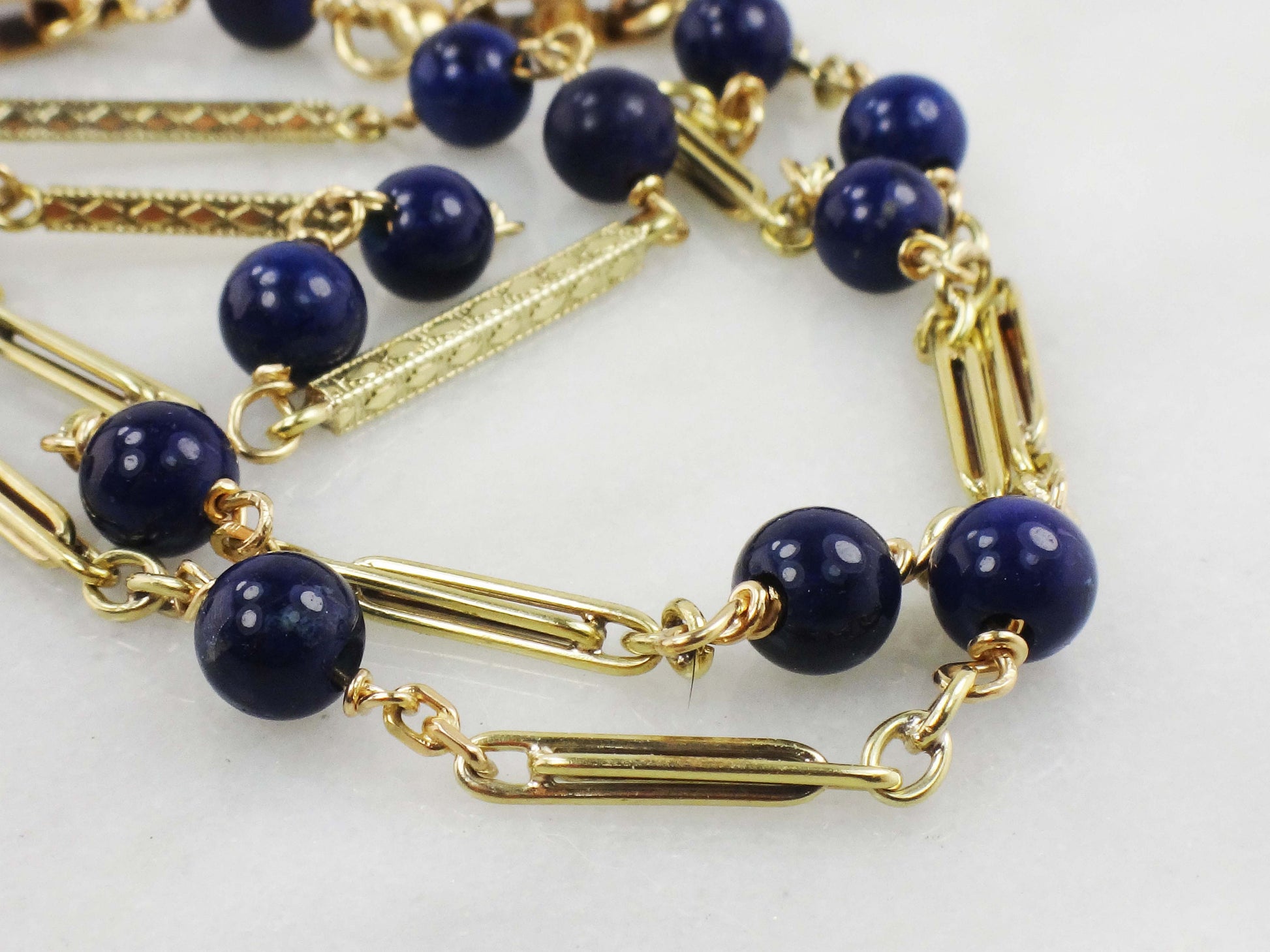 Vintage 14k Yellow Gold Lapis Lazuli Station Necklace - 26.75"