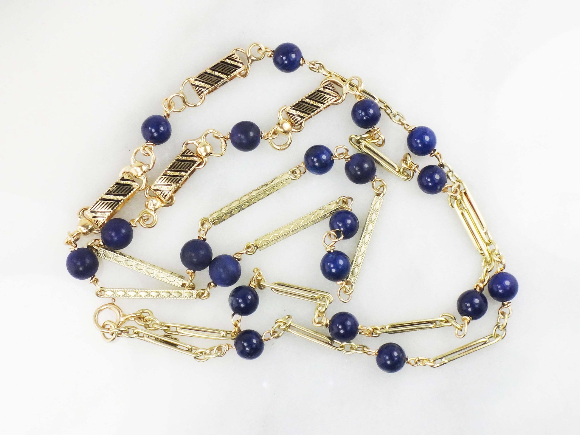 Vintage 14k Yellow Gold Lapis Lazuli Station Necklace - 26.75"