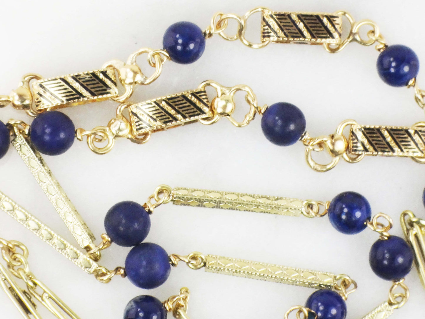 Vintage 14k Yellow Gold Lapis Lazuli Station Necklace - 26.75"