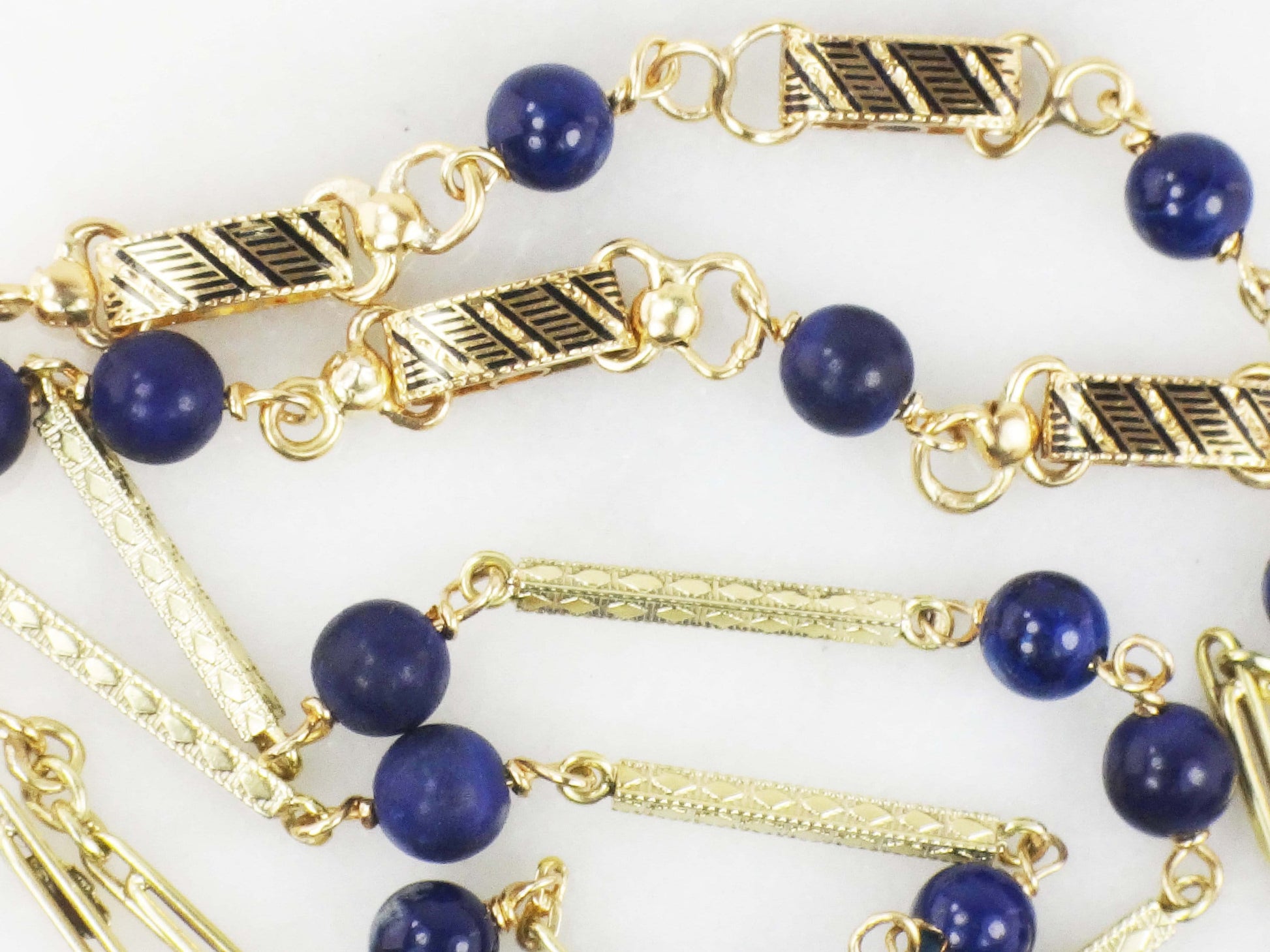 Vintage 14k Yellow Gold Lapis Lazuli Station Necklace - 26.75"