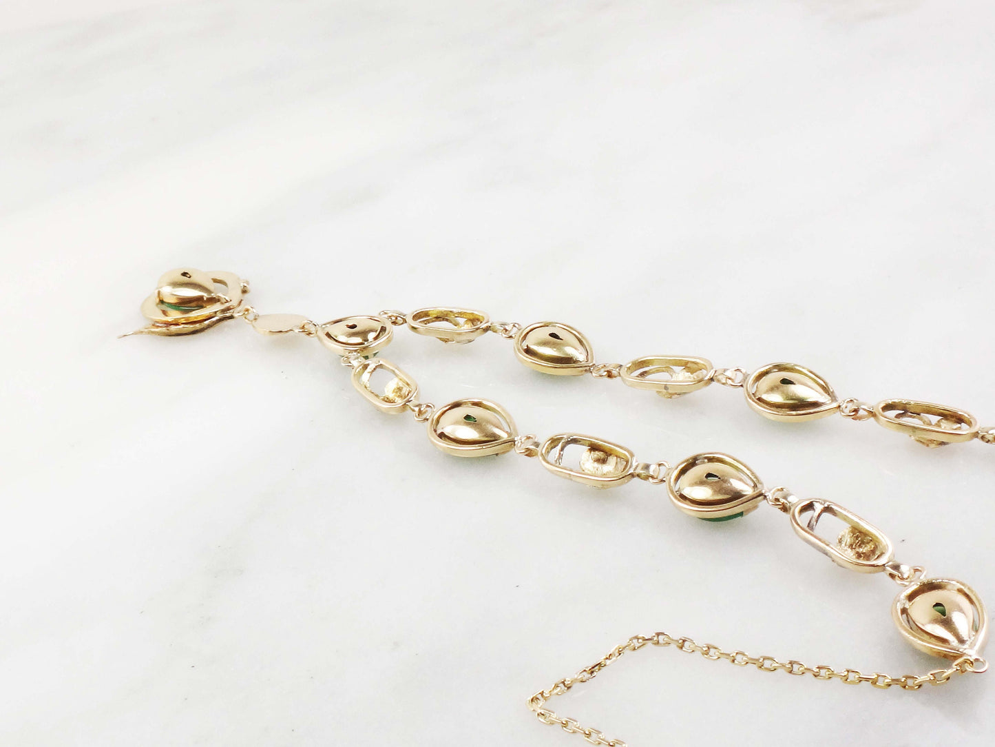 Vintage 14k Gold Chrysoprase Necklace: Shamrock Clover Floral Drop, 1930s