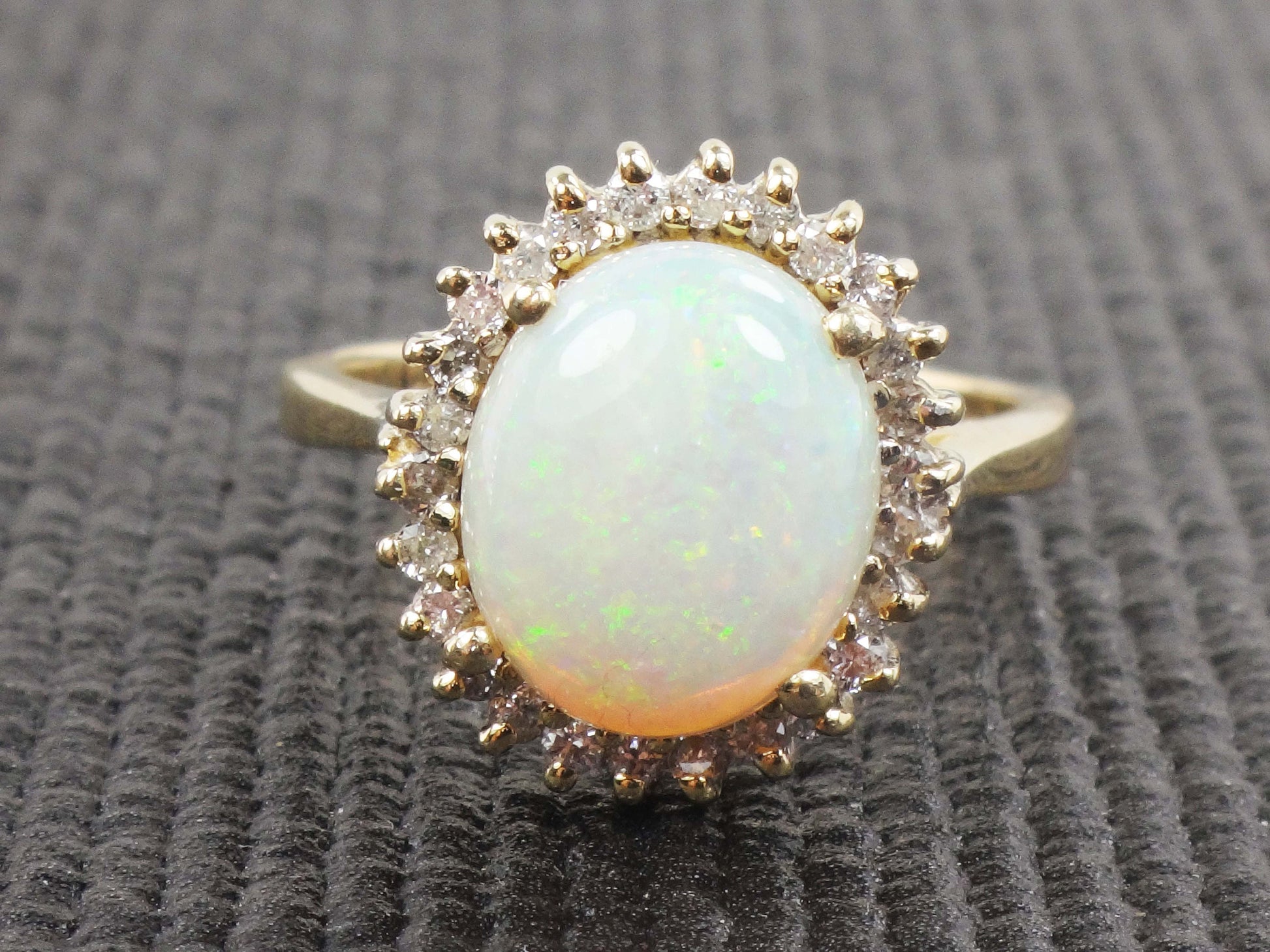 Vintage Australian Opal Ring: 14k Yellow Gold Diamond Halo, October Birthstone