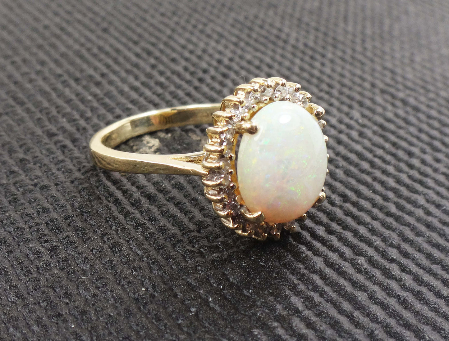 Vintage Australian Opal Ring: 14k Yellow Gold Diamond Halo, October Birthstone