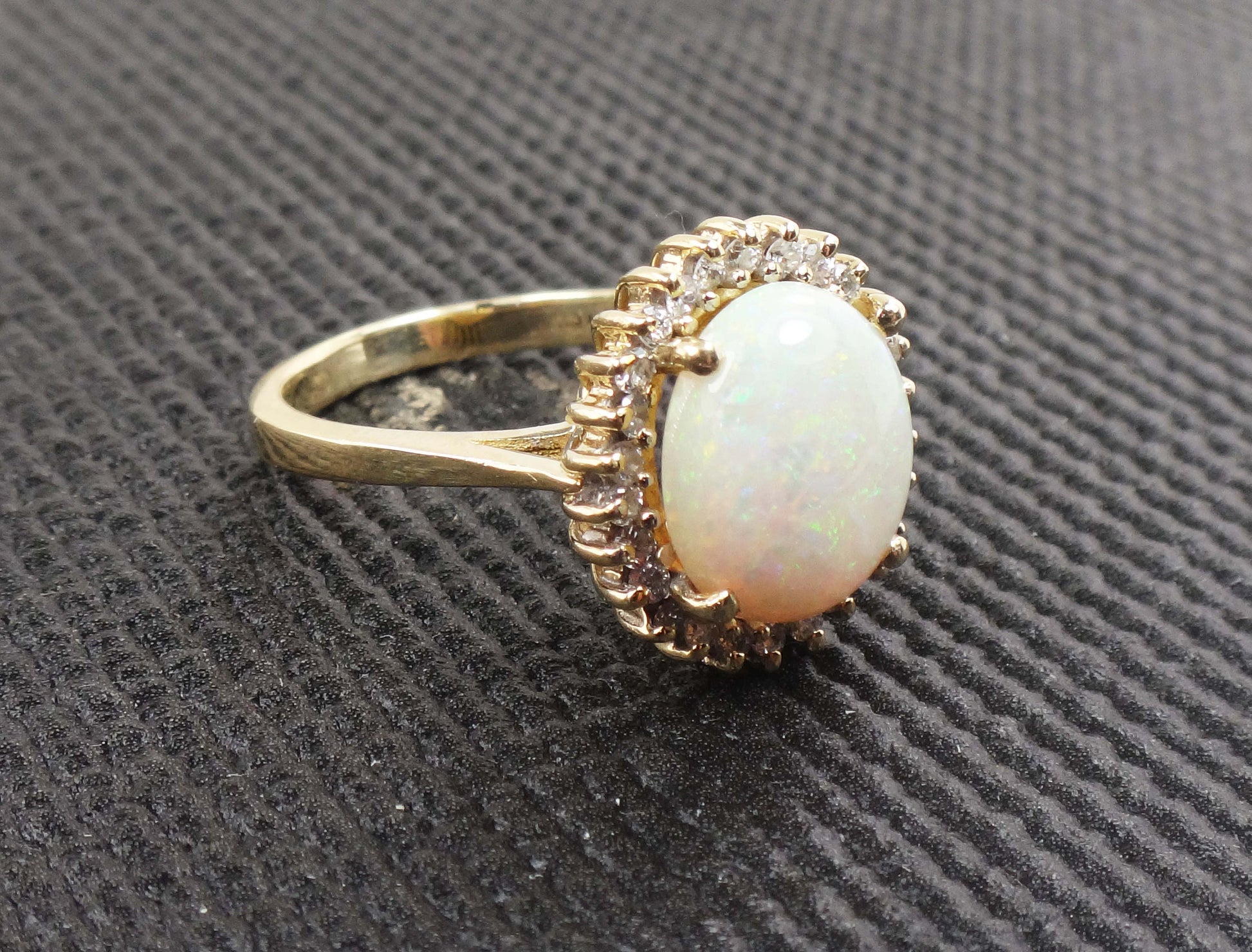 Vintage Australian Opal Ring: 14k Yellow Gold Diamond Halo, October Birthstone