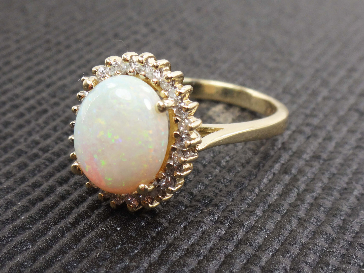 Vintage Australian Opal Ring: 14k Yellow Gold Diamond Halo, October Birthstone