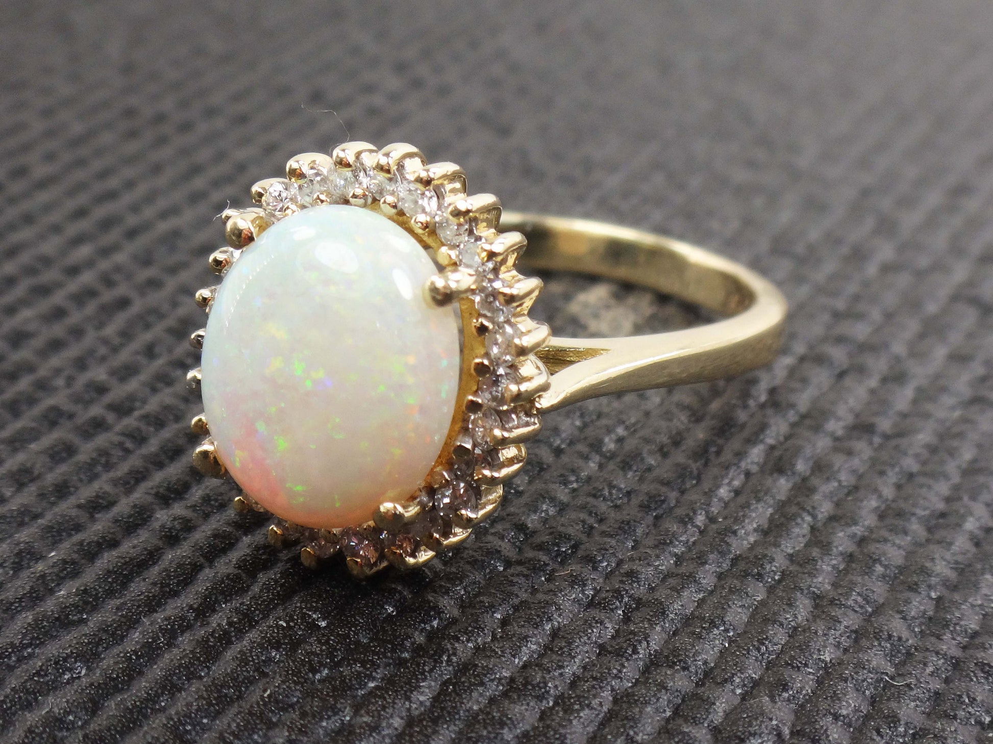 Vintage Australian Opal Ring: 14k Yellow Gold Diamond Halo, October Birthstone