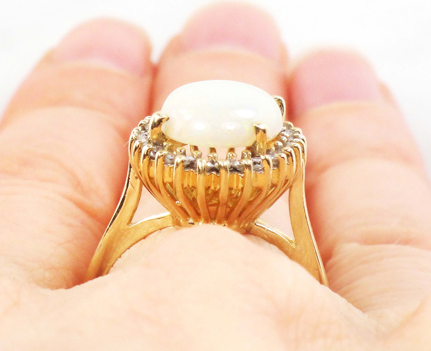 Vintage Australian Opal Ring: 14k Yellow Gold Diamond Halo, October Birthstone