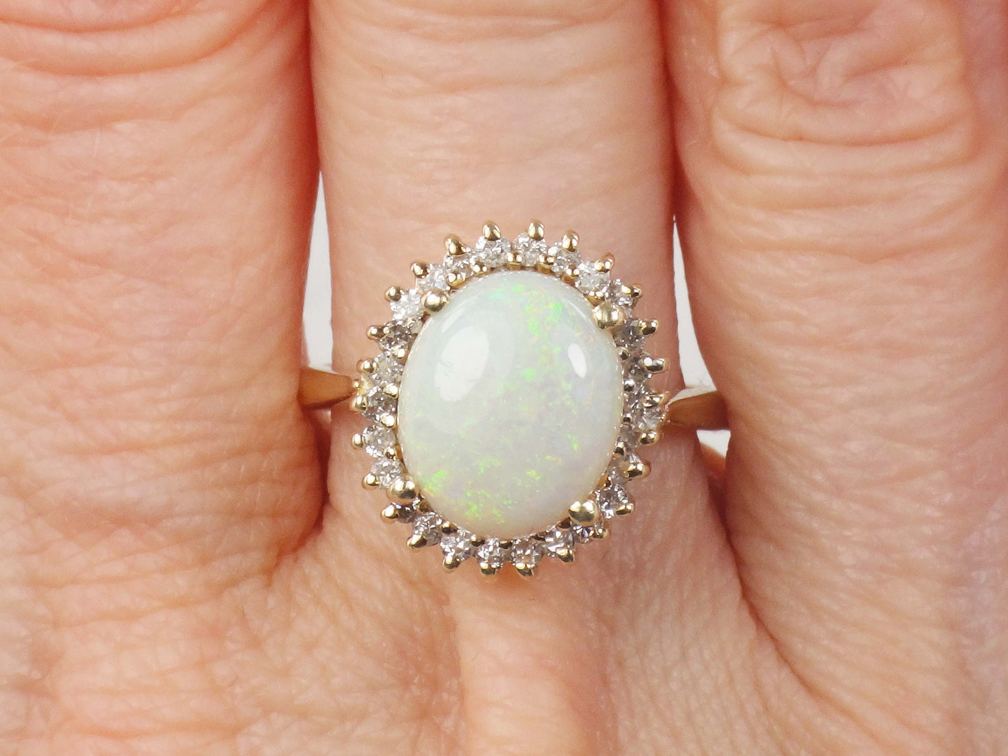 Vintage Australian Opal Ring: 14k Yellow Gold Diamond Halo, October Birthstone