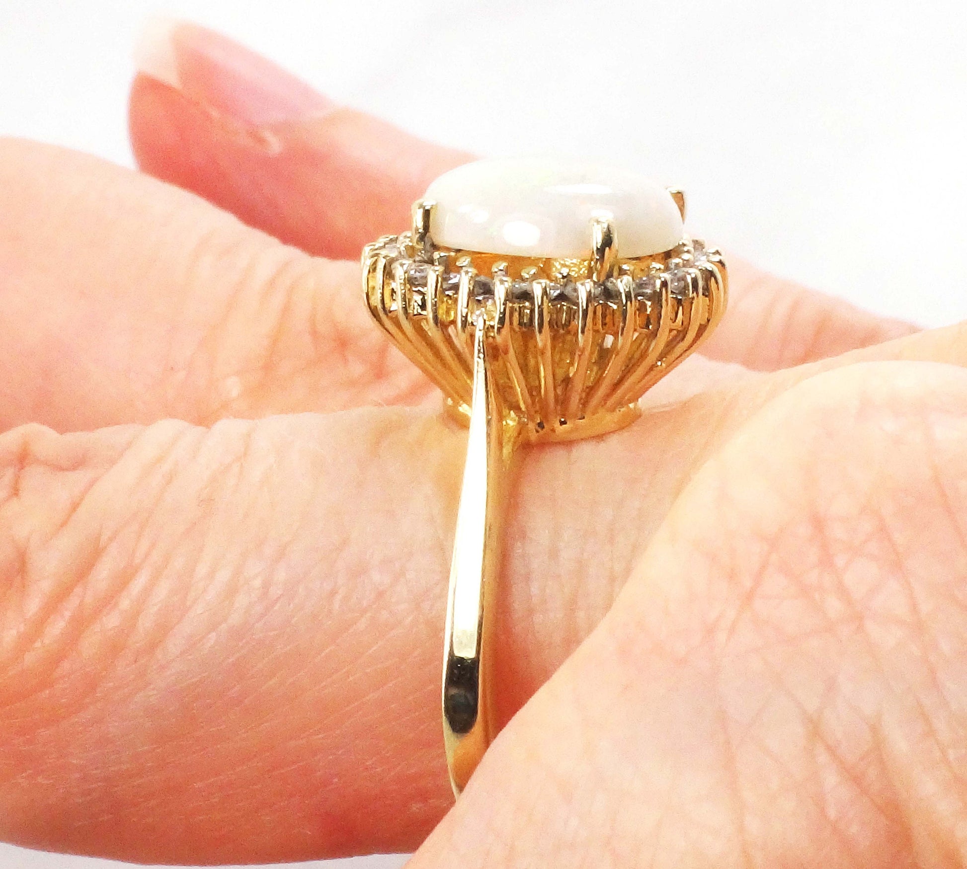 Vintage Australian Opal Ring: 14k Yellow Gold Diamond Halo, October Birthstone