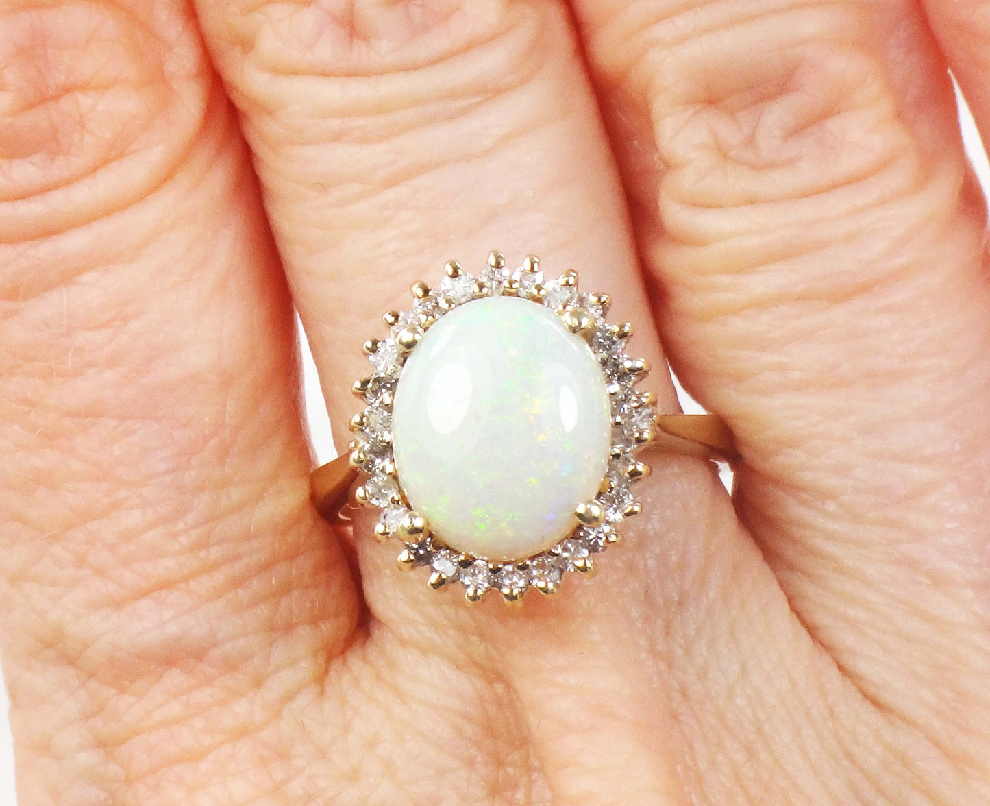 Vintage Australian Opal Ring: 14k Yellow Gold Diamond Halo, October Birthstone