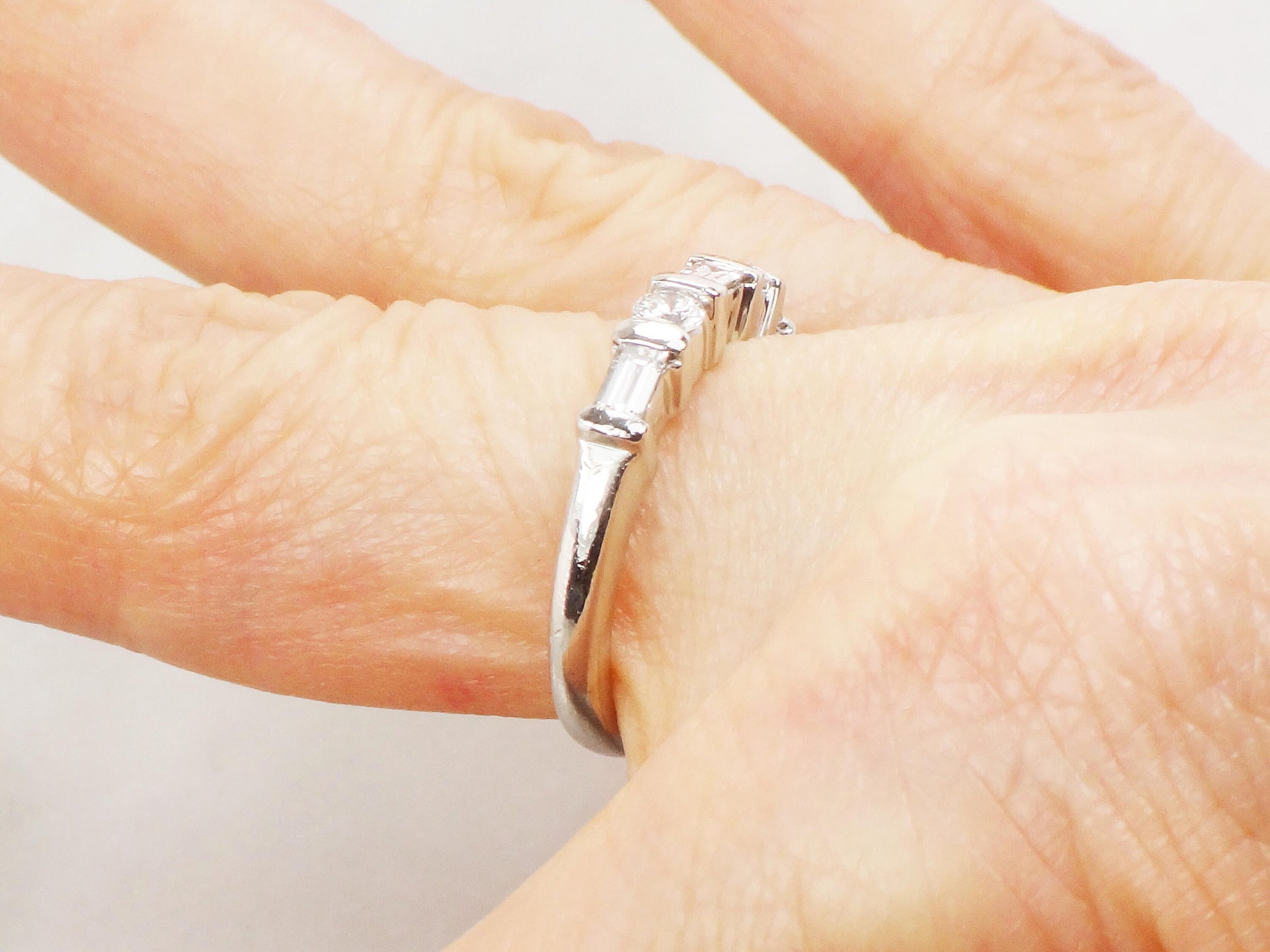 Vintage Platinum Diamond Wedding Band: Baguette & Round Cut, Size 6.5