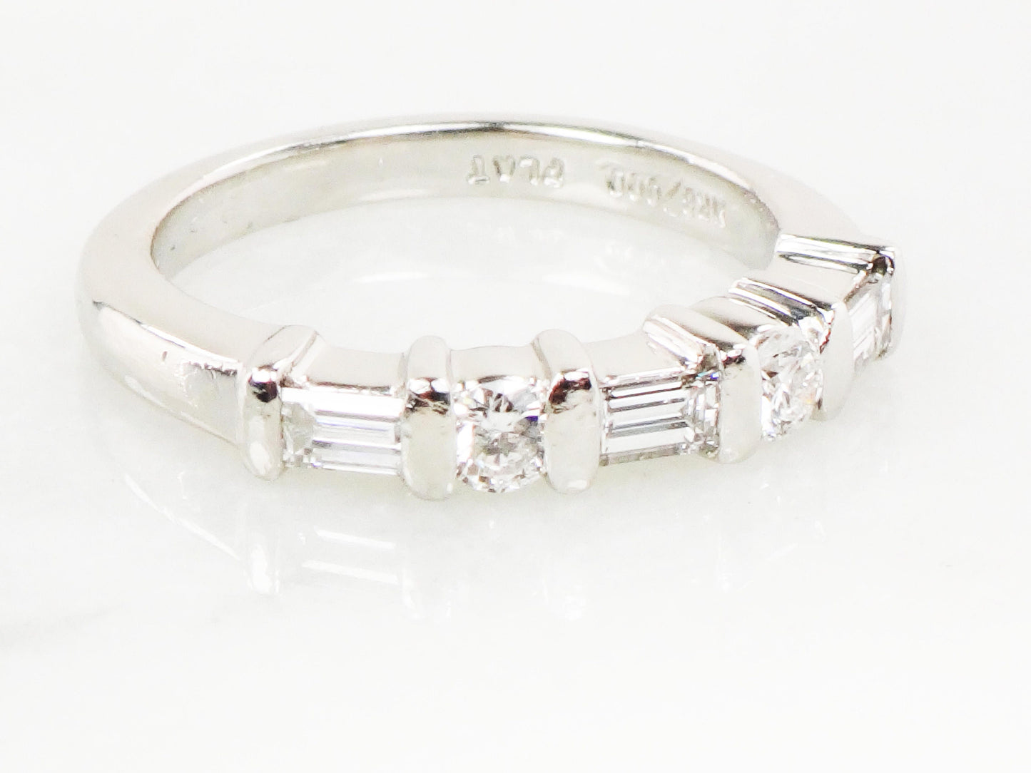 Vintage Platinum Diamond Wedding Band: Baguette & Round Cut, Size 6.5
