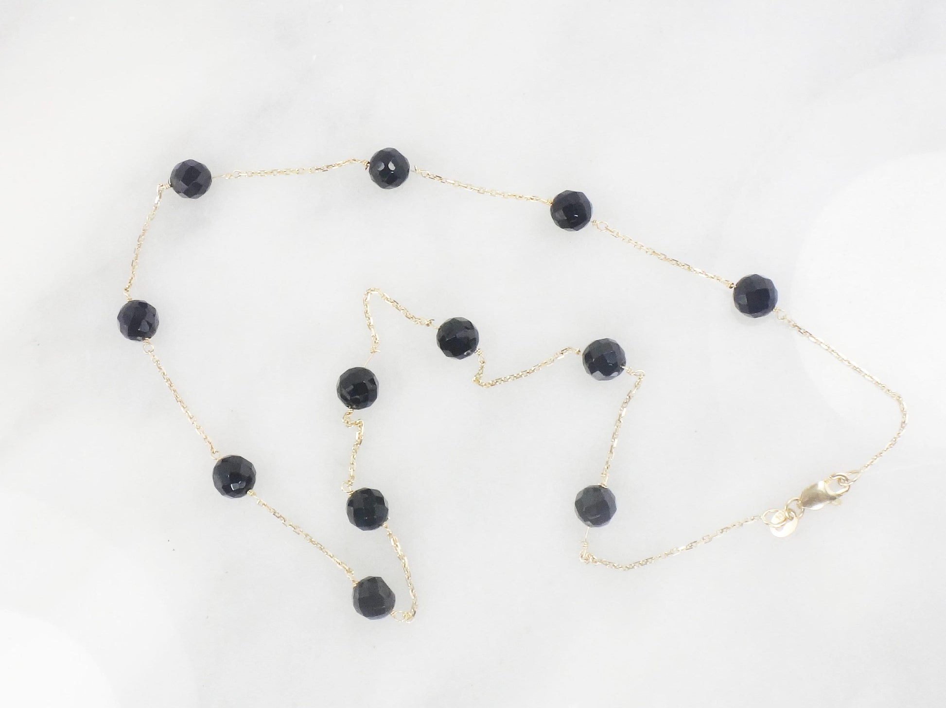 Vintage 14k Yellow Gold Black Onyx Bead and Link Necklace 16" Choker Station Necklace