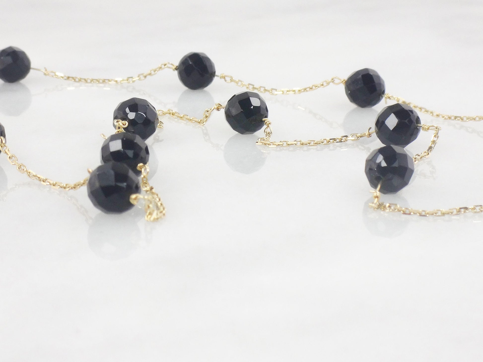 Vintage 14k Yellow Gold Black Onyx Bead and Link Necklace 16" Choker Station Necklace
