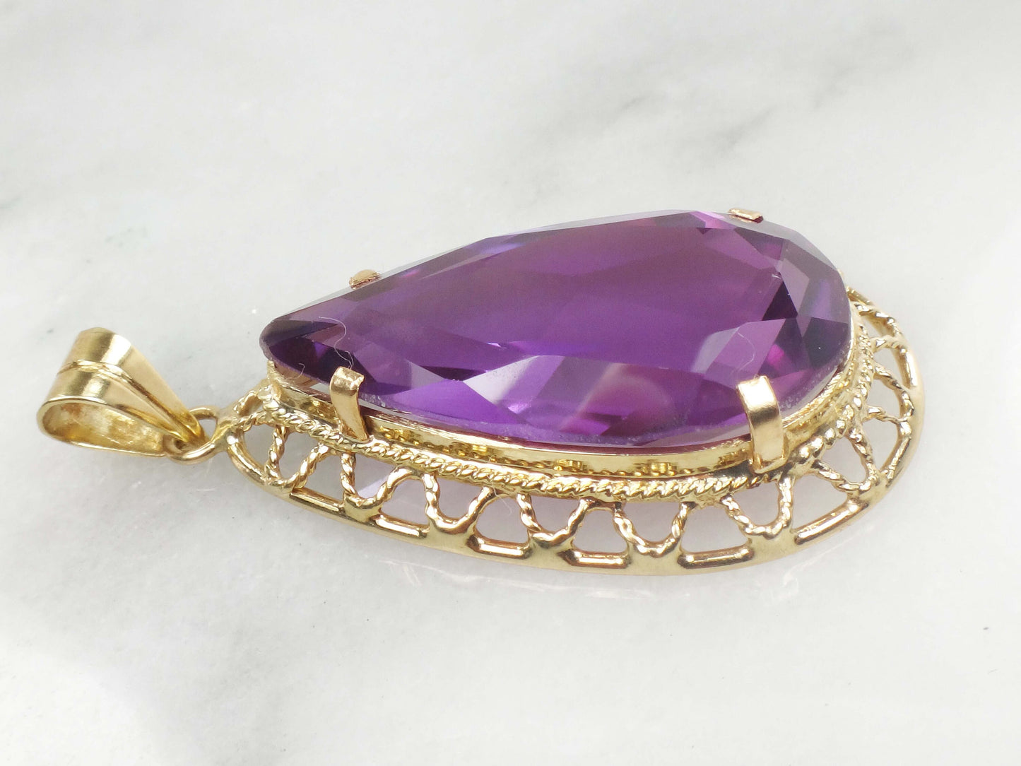 Vintage Large 14k Yellow Gold Pear Shaped Purple Sapphire Pendant - 20 Carats Sapphire
