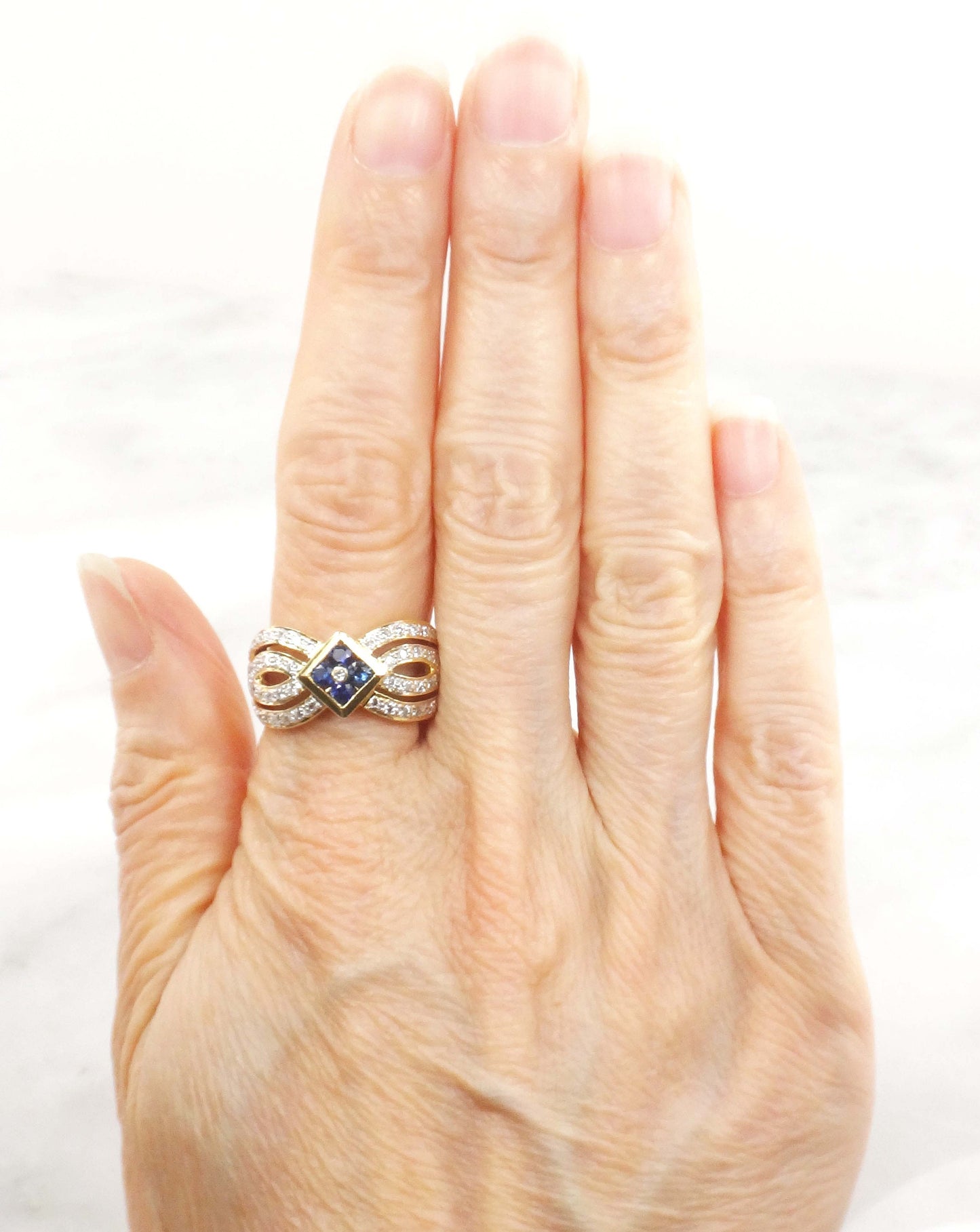Vintage 18k Yellow Gold Natural Blue Sapphire and Diamond Ring, Wide Fancy Cigar Band Ring, Size 7.25