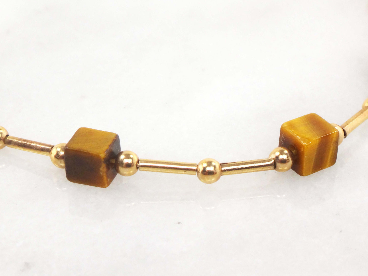 Vintage 14k Yellow Gold Tiger Eye Station Necklace 15.75" Choker Necklace