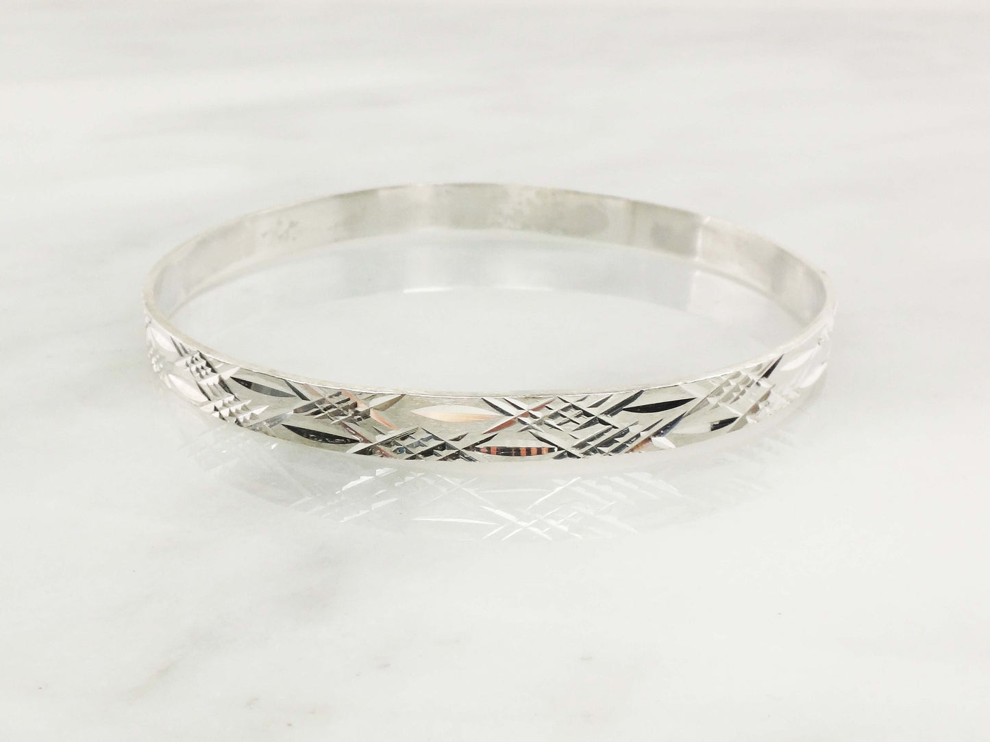 Sterling Silver Diamond Cut Bangle - Vintage Mexico 925 Large Sterling Slip On Bracelet