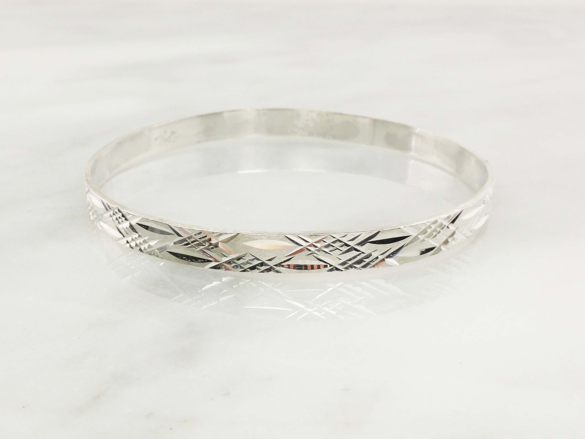 Sterling Silver Diamond Cut Bangle - Vintage Mexico 925 Large Sterling Slip On Bracelet