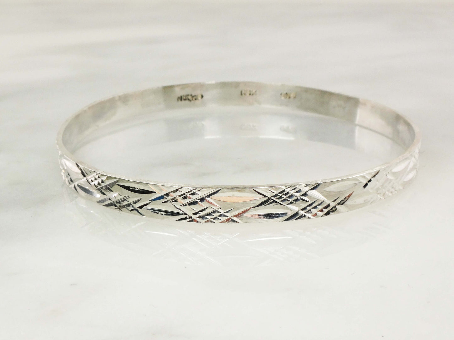 Sterling Silver Diamond Cut Bangle - Vintage Mexico 925 Large Sterling Slip On Bracelet