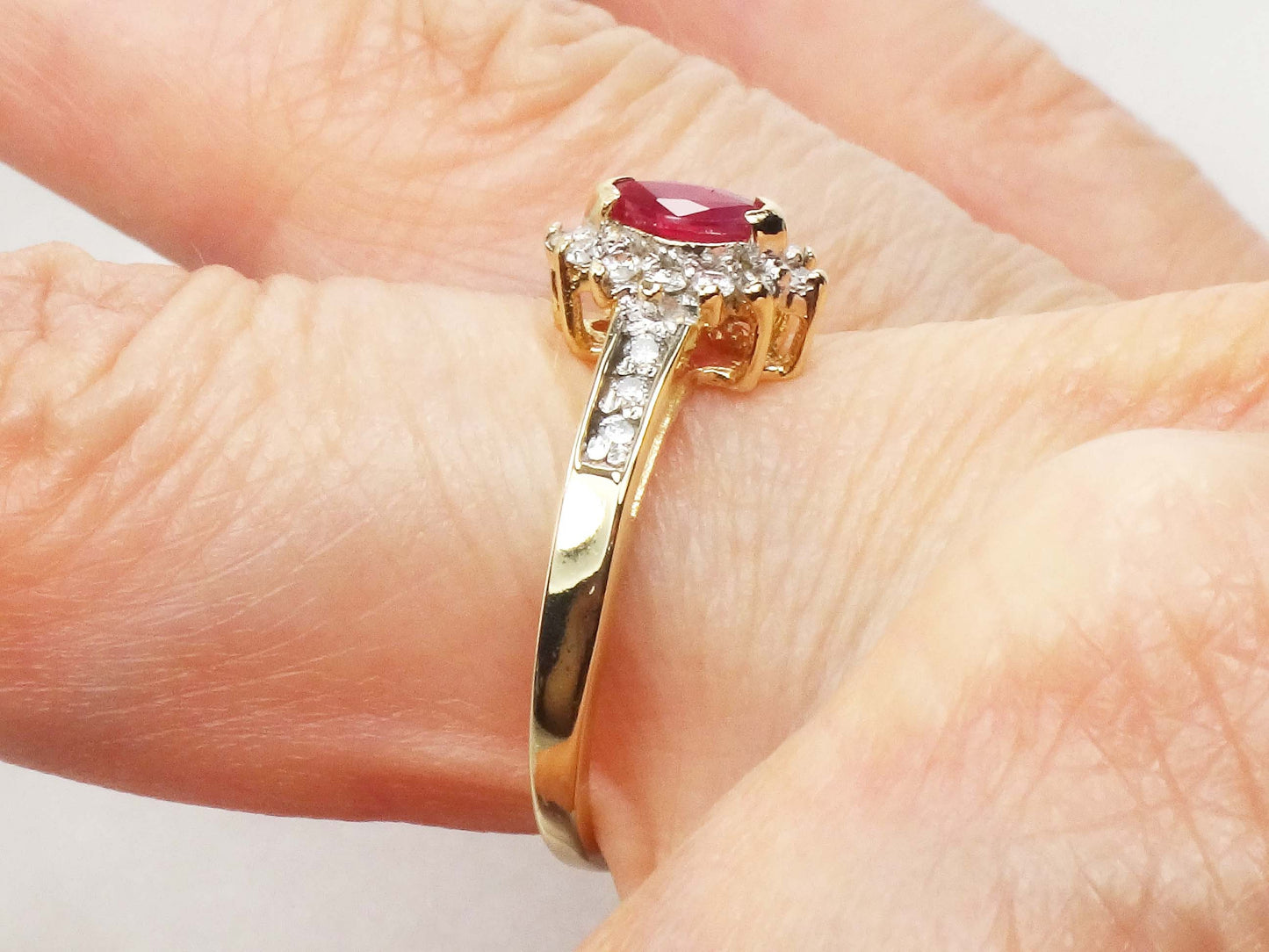 Vintage 14k Yellow Gold Marquise Ruby Diamond Halo Ring - Size 7.25