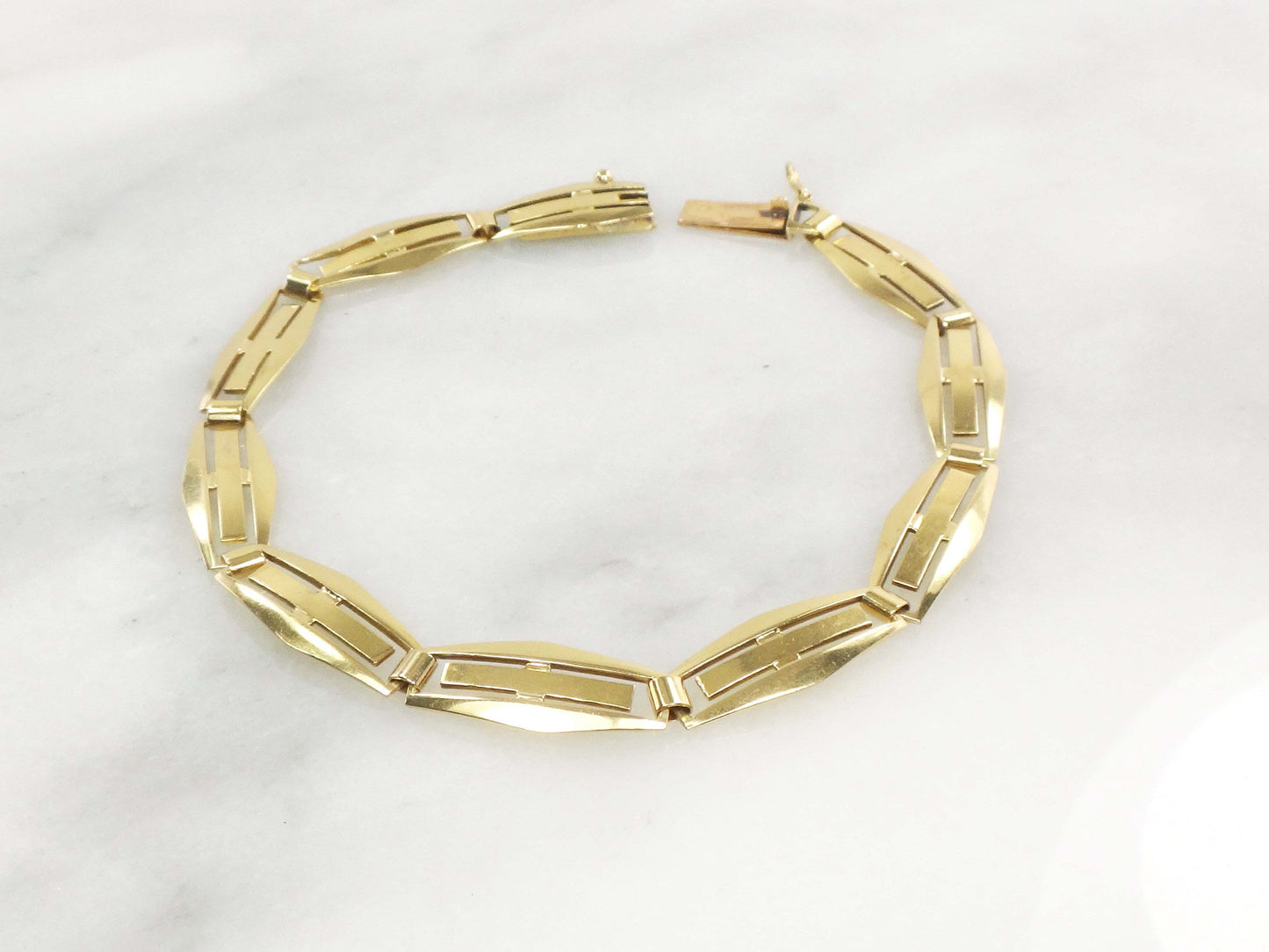 Vintage 14k Yellow Gold Geometric Link Bracelet - 1960s 7 5/8"