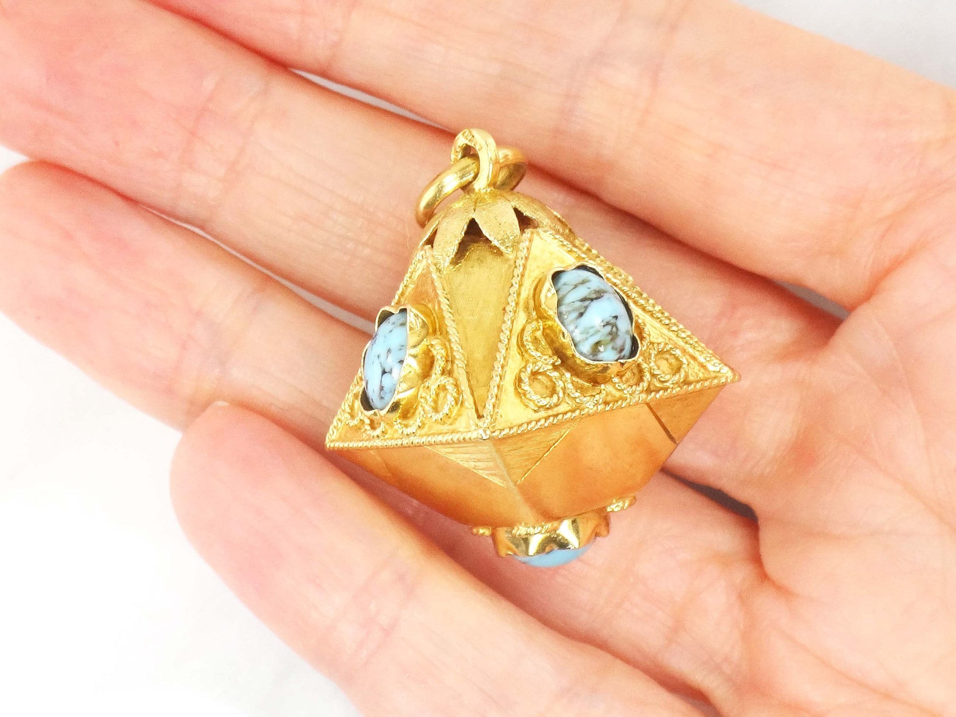 Vintage Large 18k Gold Turquoise Charm Pendant, Etruscan Revival Italian Charm
