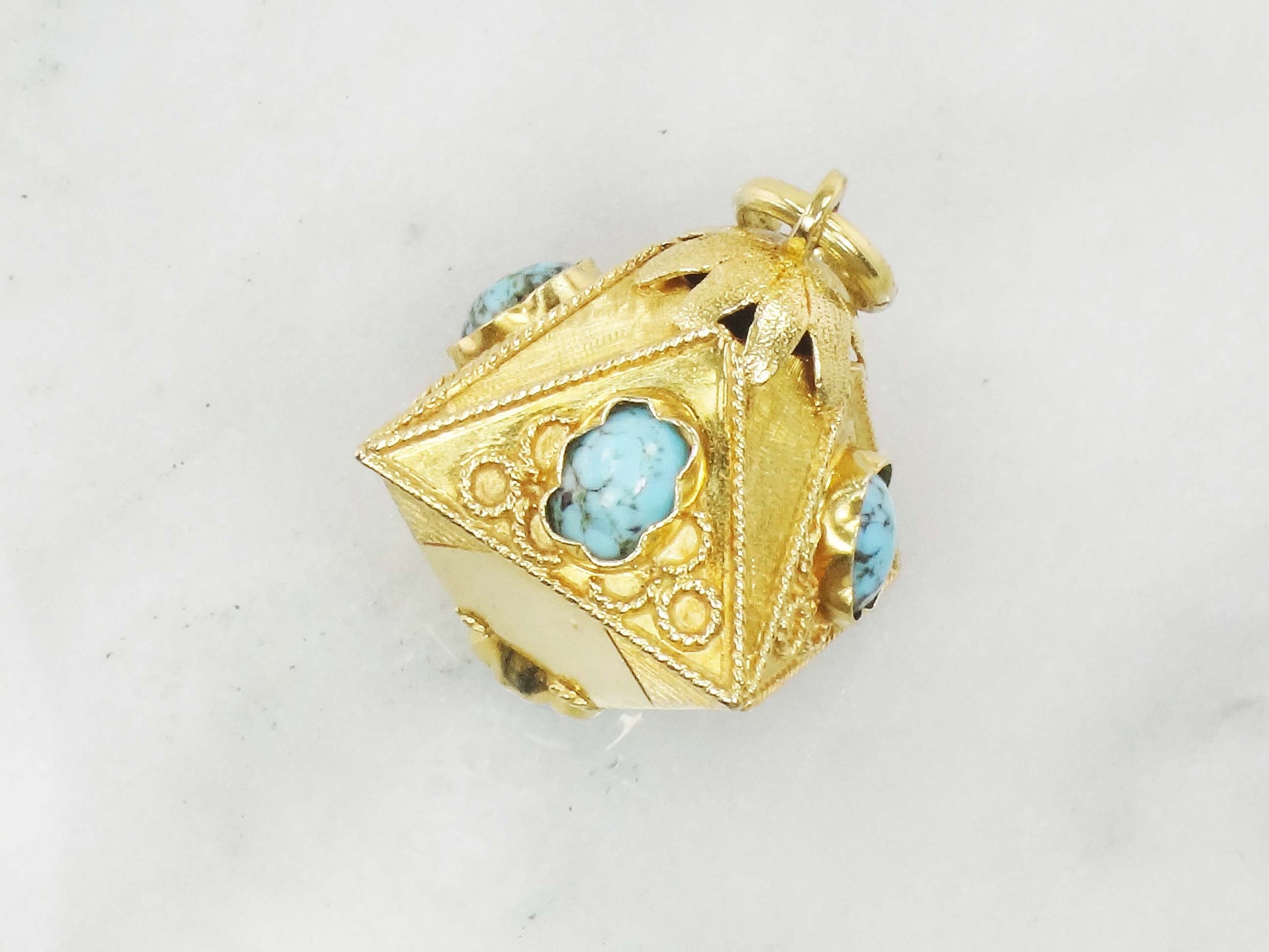 Vintage Large 18k Gold Turquoise Charm Pendant, Etruscan Revival Italian Charm
