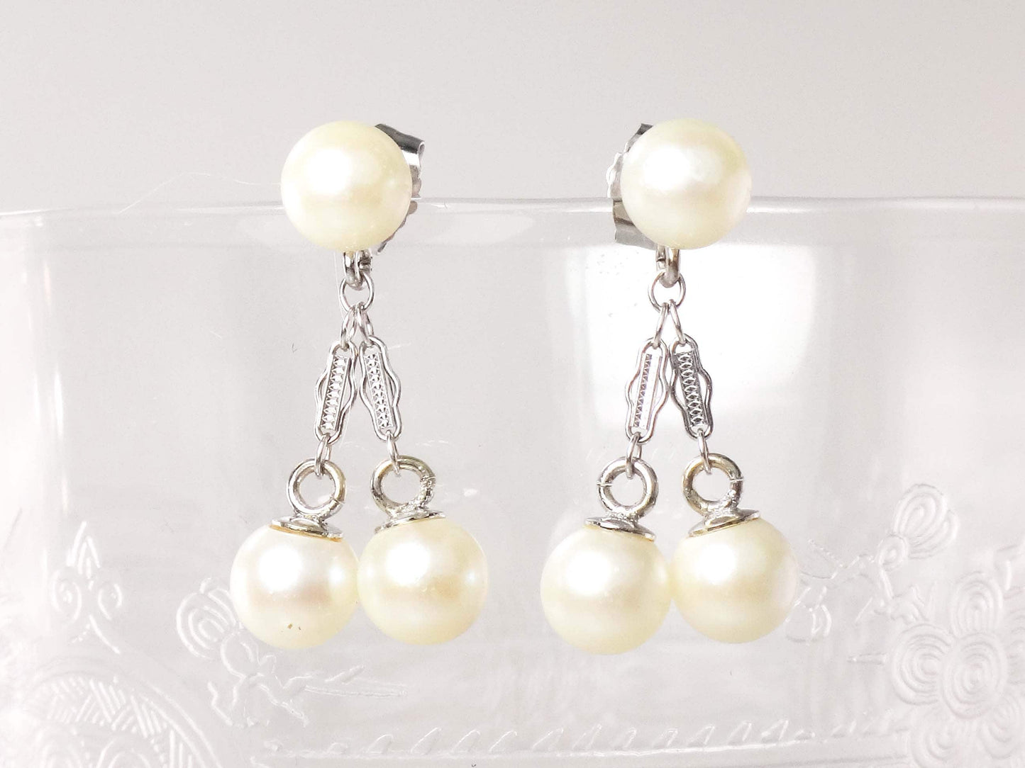 Vintage 14k White Gold Pearl Dangle Earrings, Bridal Fine Jewelry