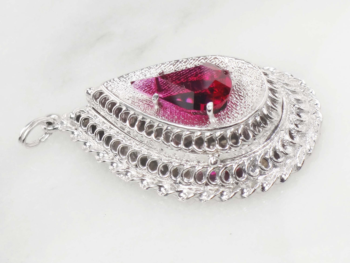 Vintage 14k White Gold Teardrop Locket Pendant, Picture Locket Charm with Red Stone