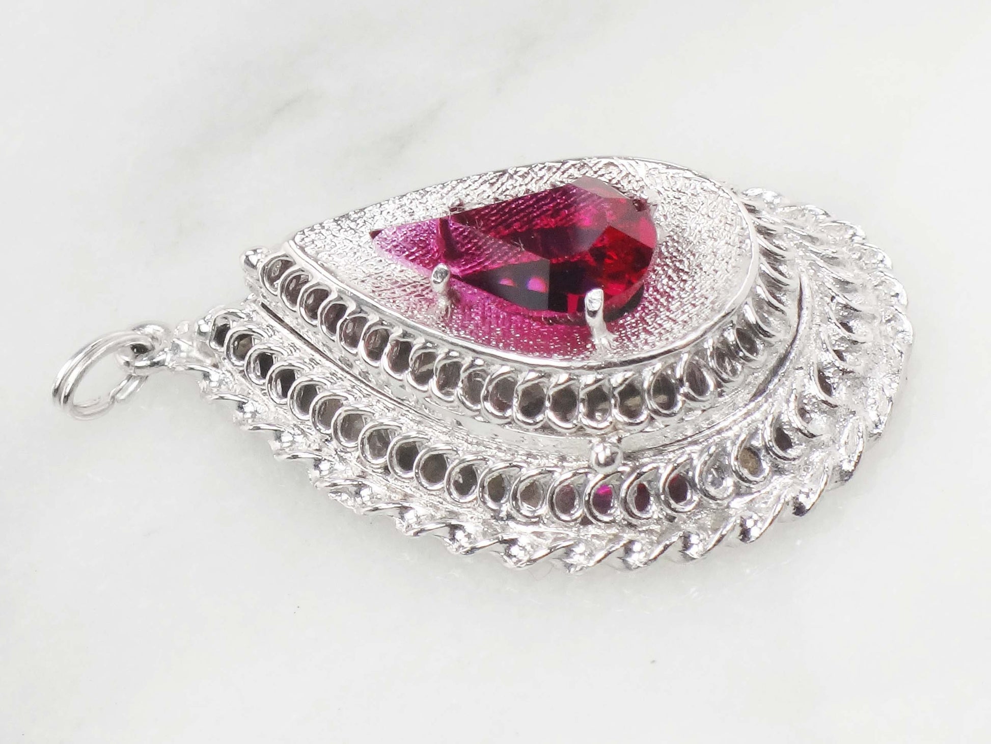 Vintage 14k White Gold Teardrop Locket Pendant, Picture Locket Charm with Red Stone