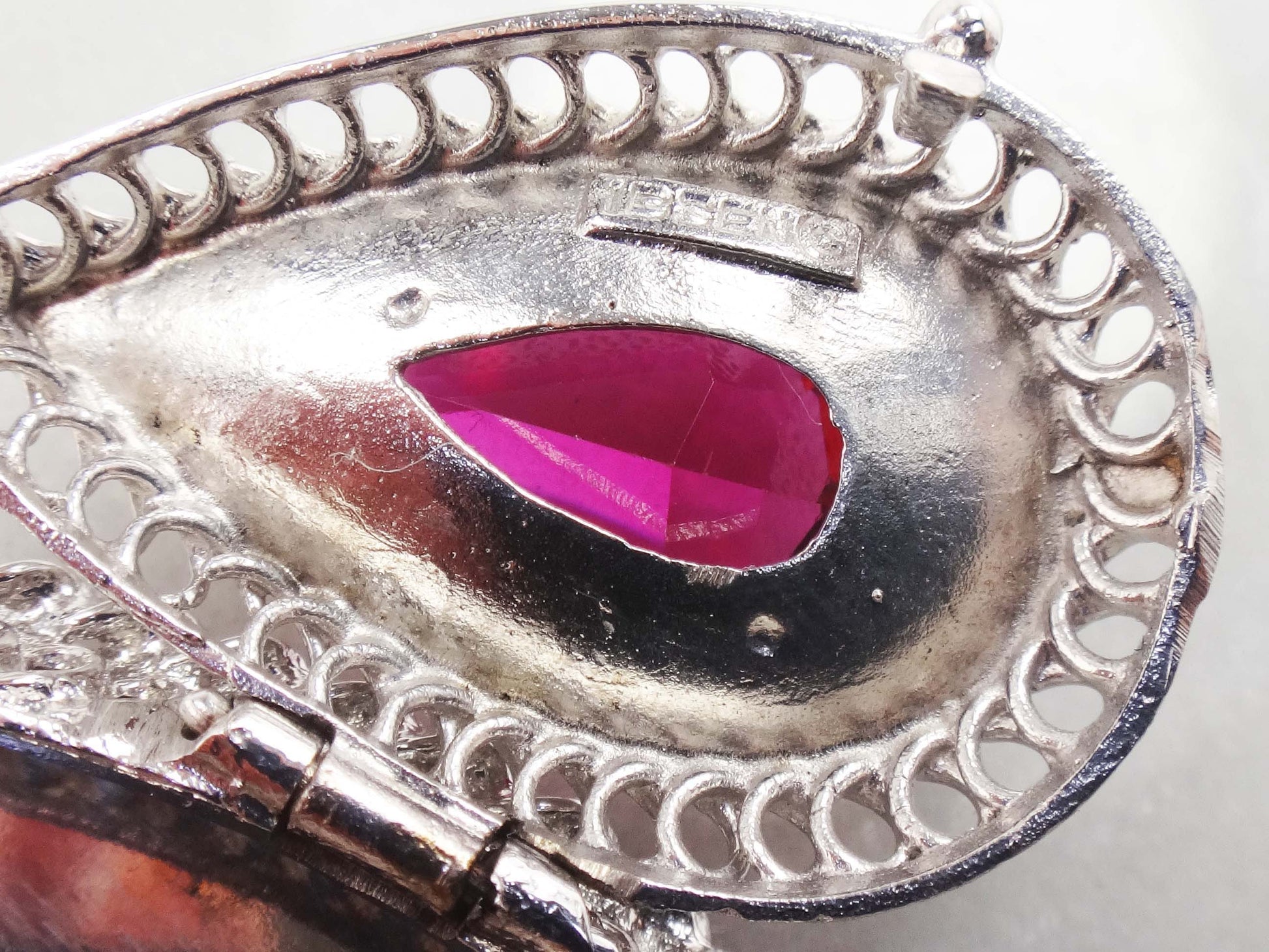Vintage 14k White Gold Teardrop Locket Pendant, Picture Locket Charm with Red Stone