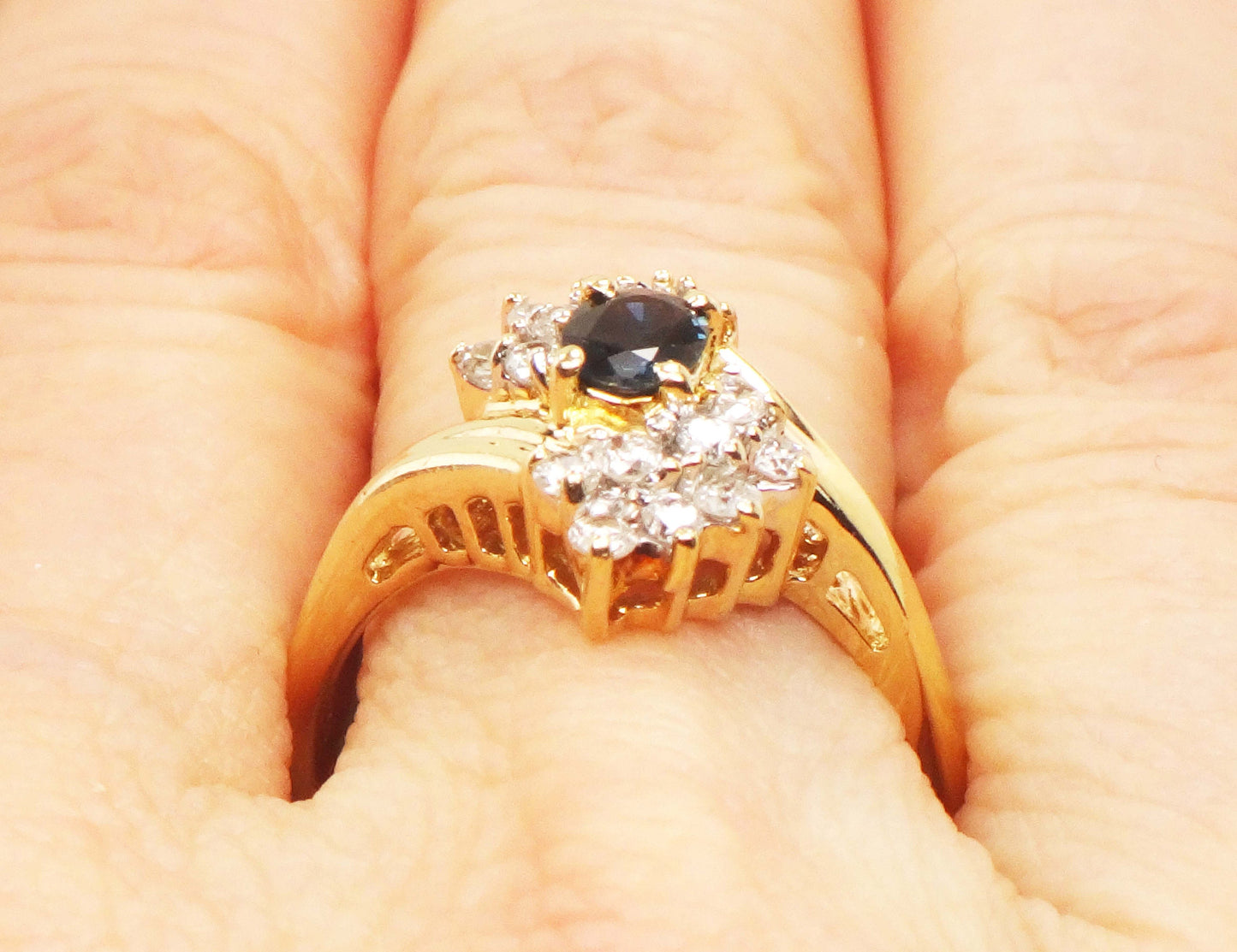 Vintage 14k Natural Blue Sapphire Diamond Ring, Oval September Birthstone Ring Size 8