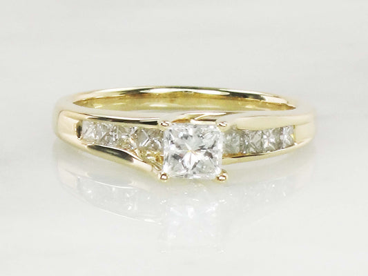 14k Princess Cut Natural Diamond Engagement Ring .50 CT Center Square Cut Diamond - Size 8